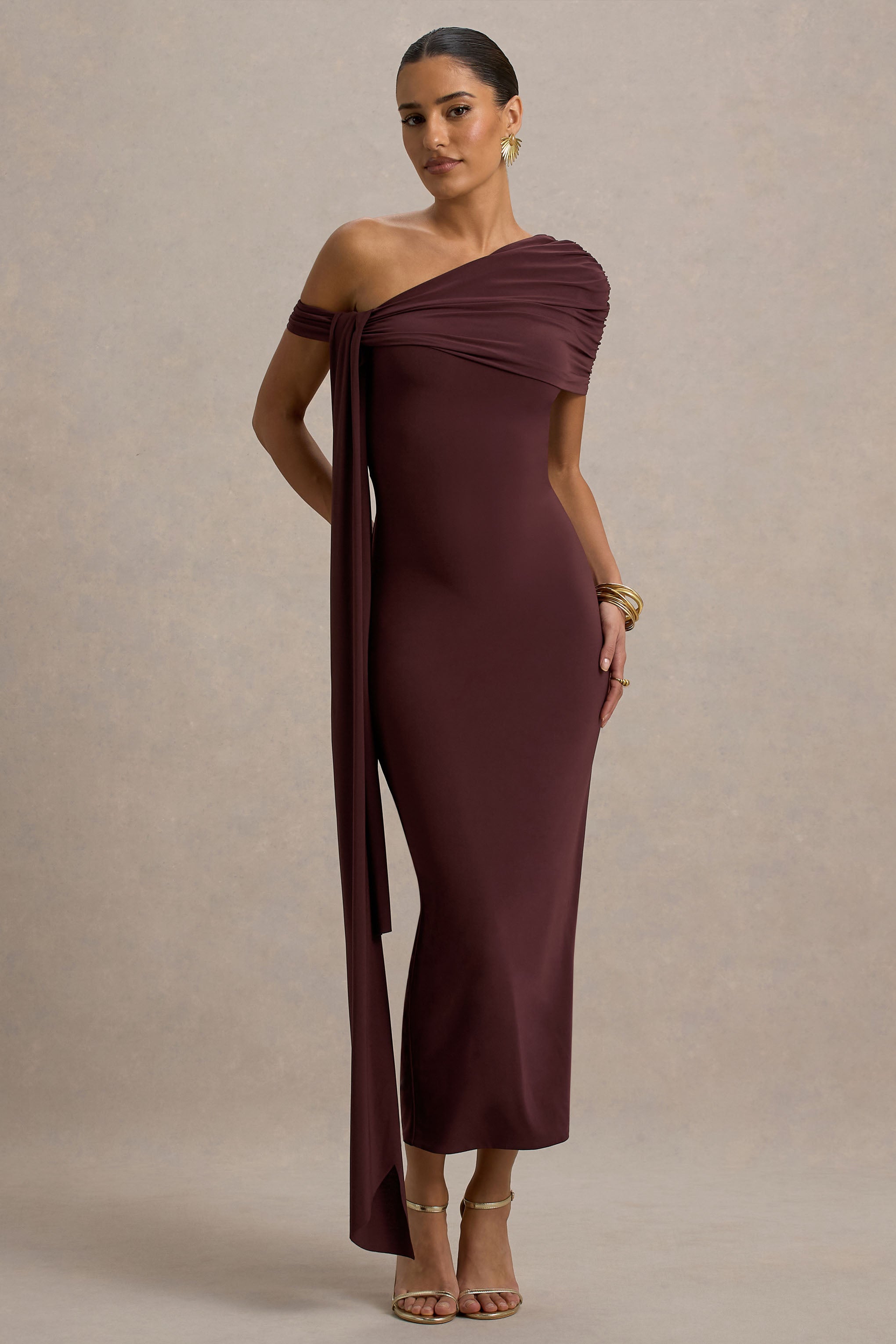 Praia | Chocolate Brown Asymmetric-Neck Midi Dress With Sash and Draped Detailing-Sowoom