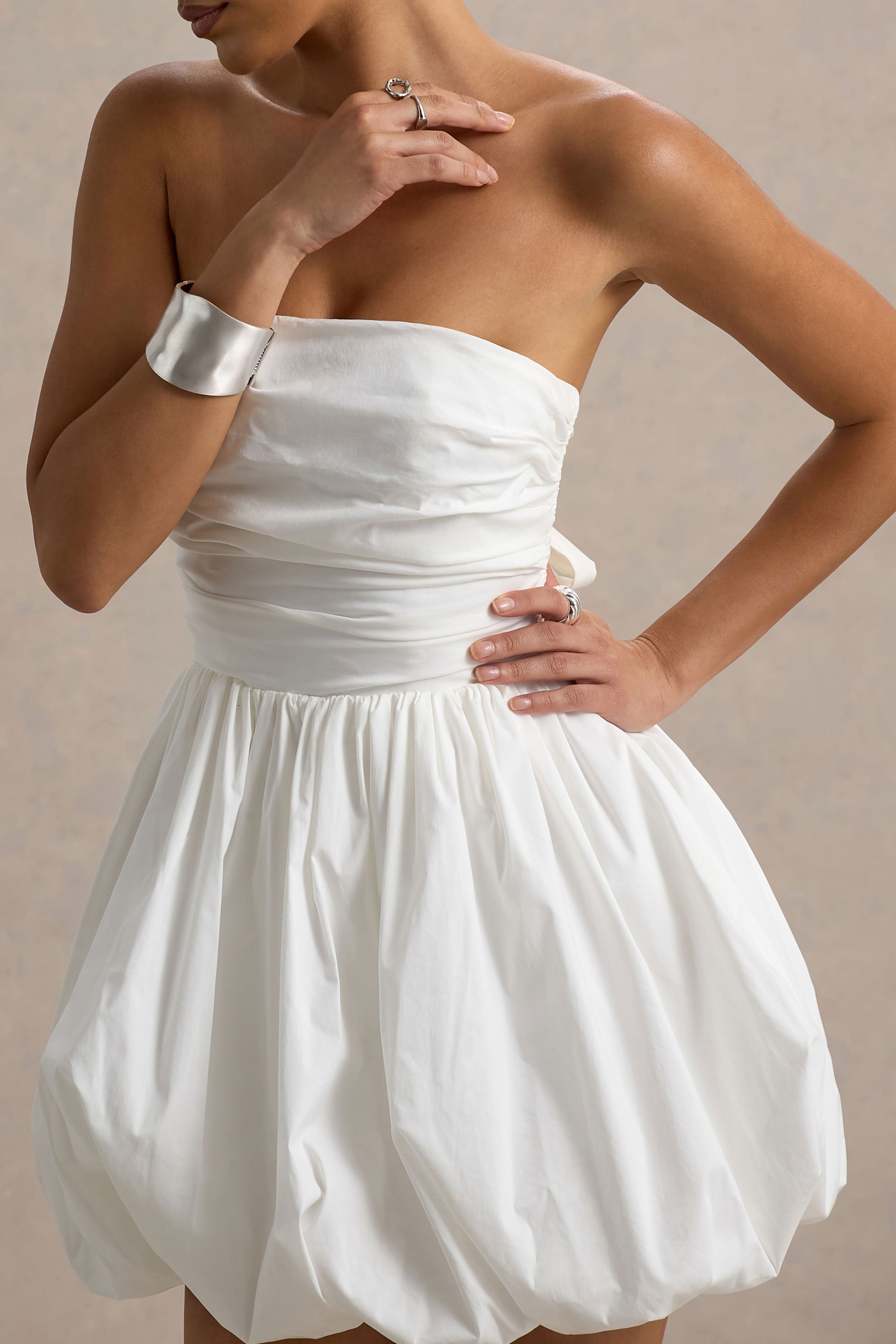 Faye | White Puff Ball Bandeau Micro Mini Dress With Ruching Details-Sowoom