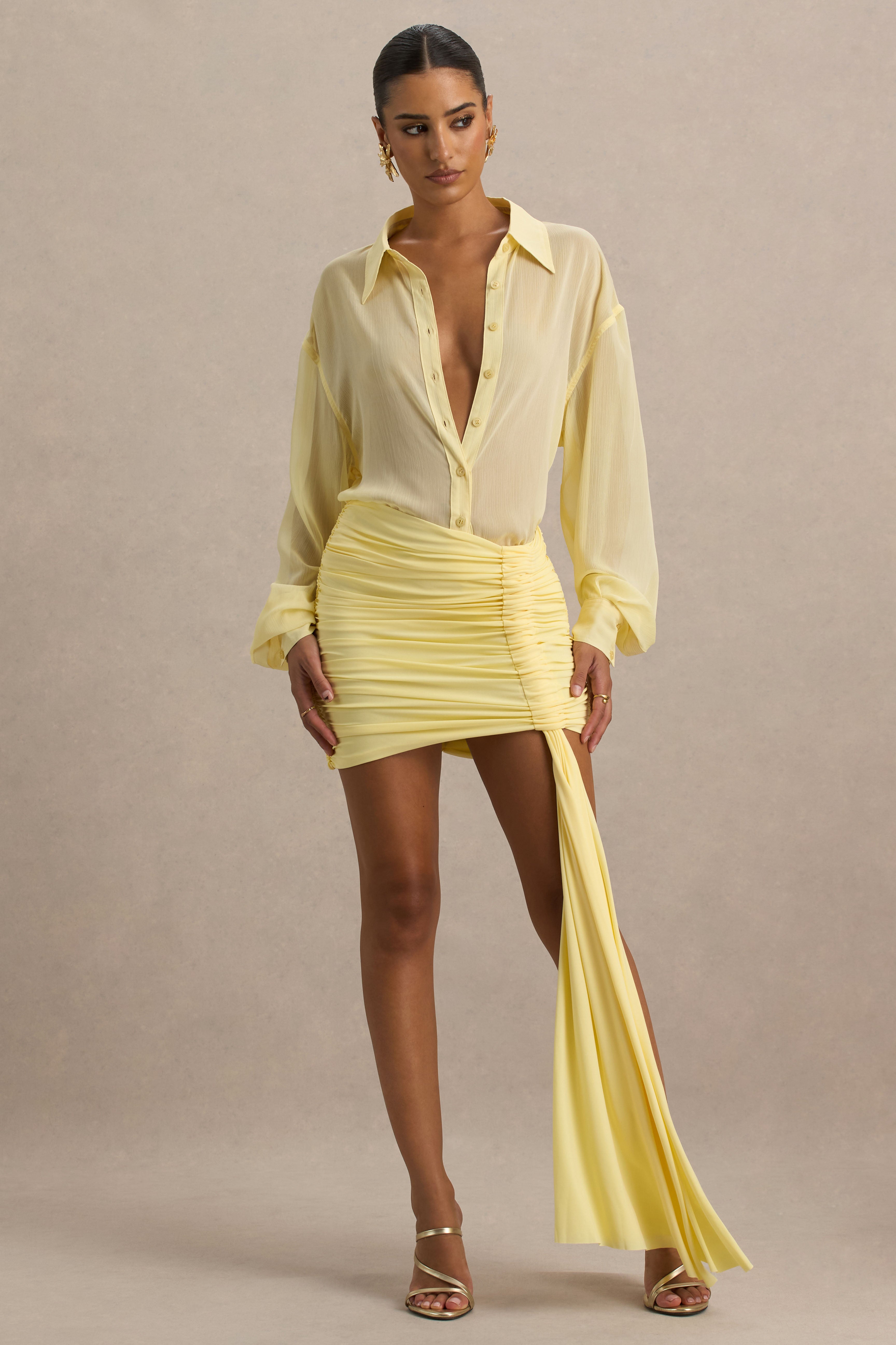 Katelyn | Lemon Ruched Wrap Mini Skirt With Sash-Sowoom
