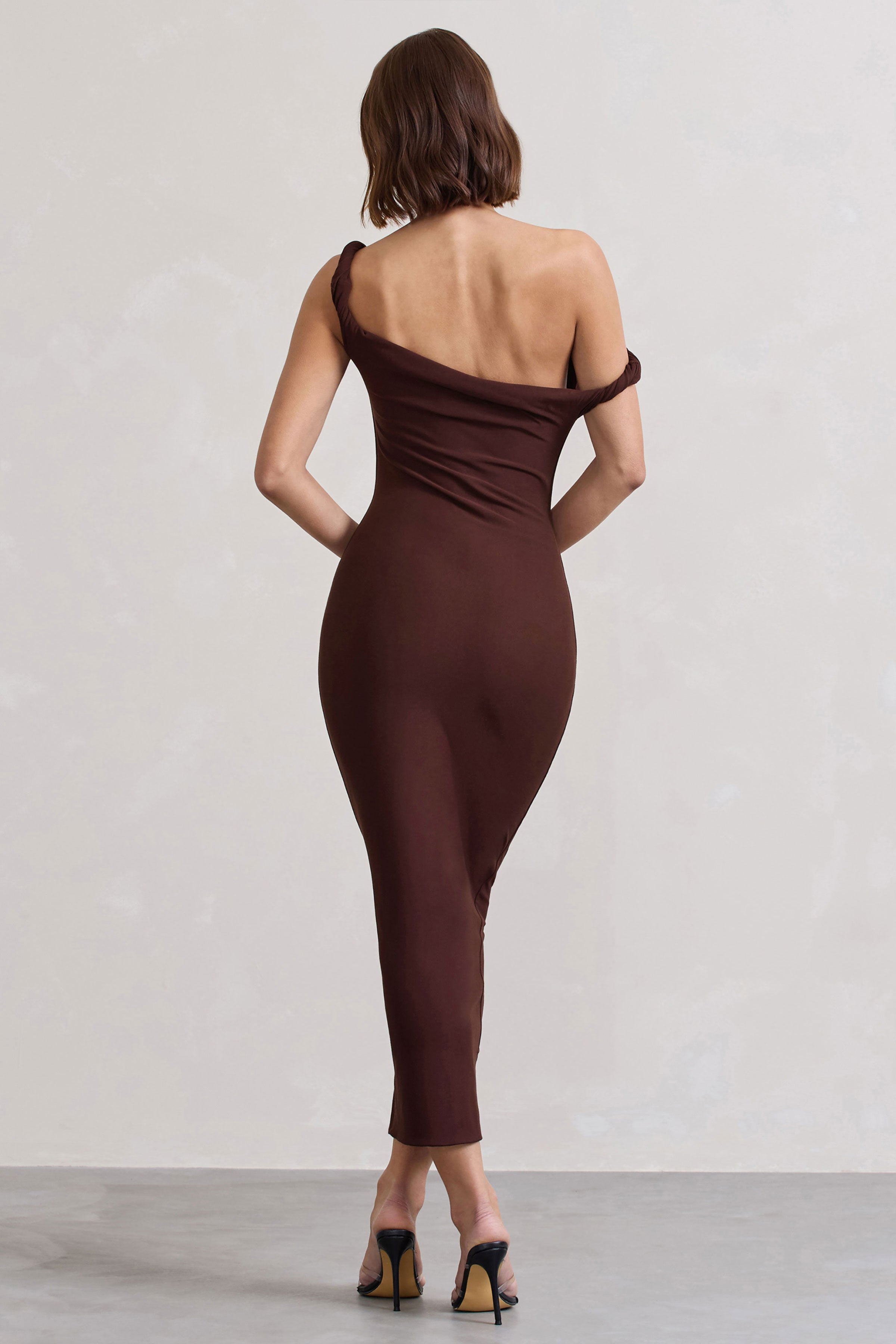 Salome | Chocolate Brown Twisted Asymmetric Midi Dress-Sowoom