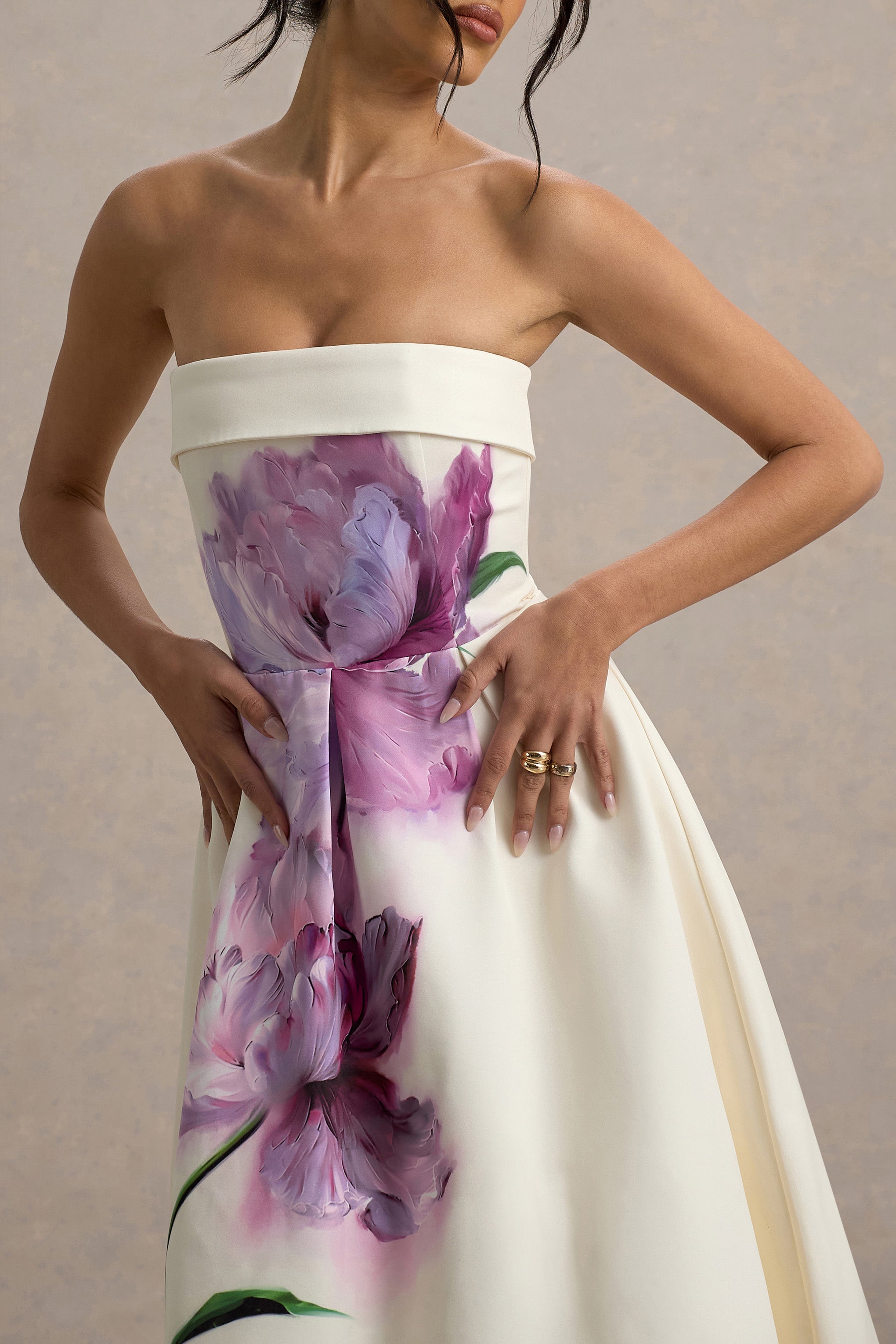 Annalise | Peony Floral Print Bandeau Skater Midi Dress-Sowoom