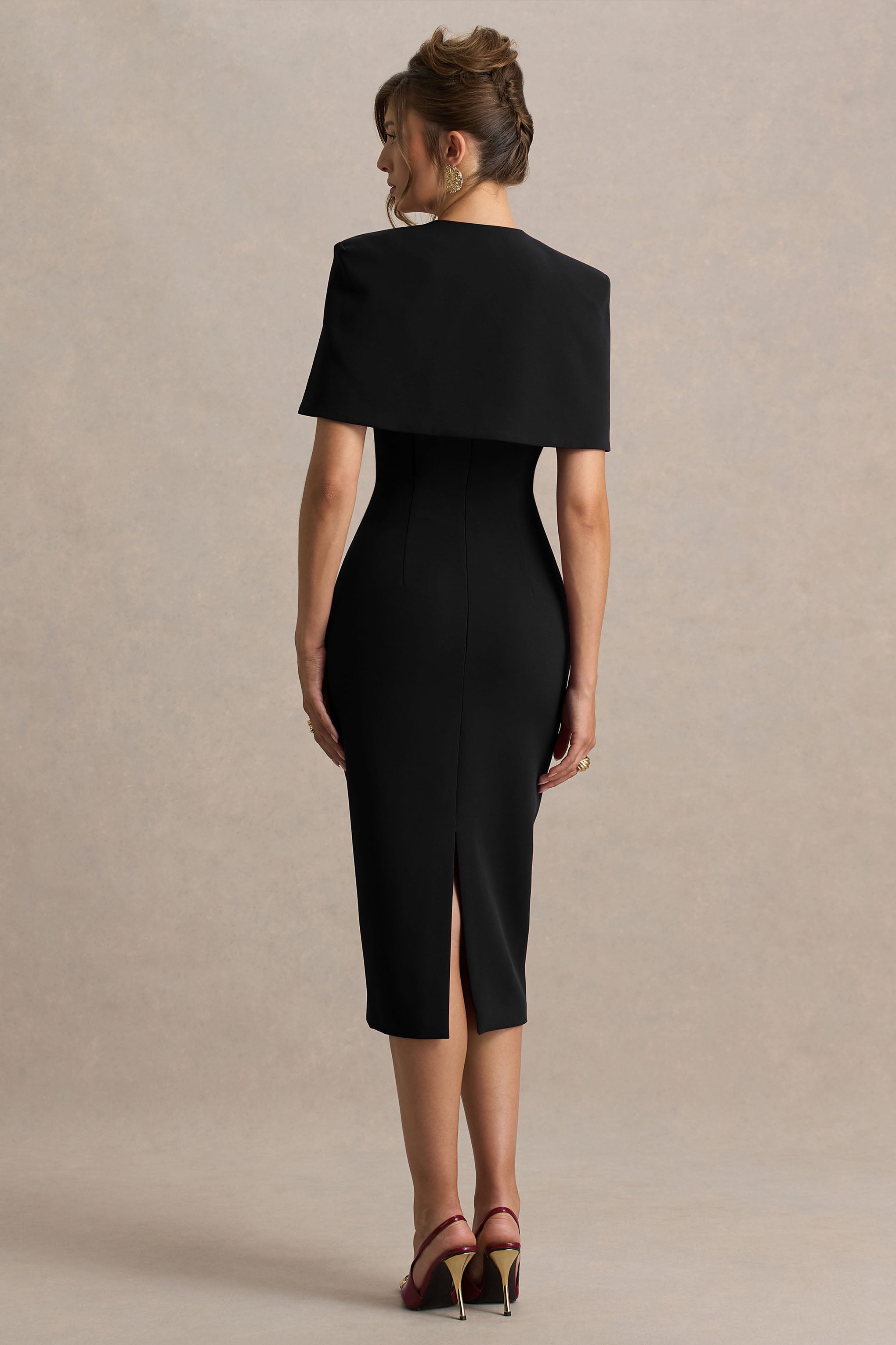 Baylor | Black Midi-Dress With Removable Cape-Detail-Sowoom
