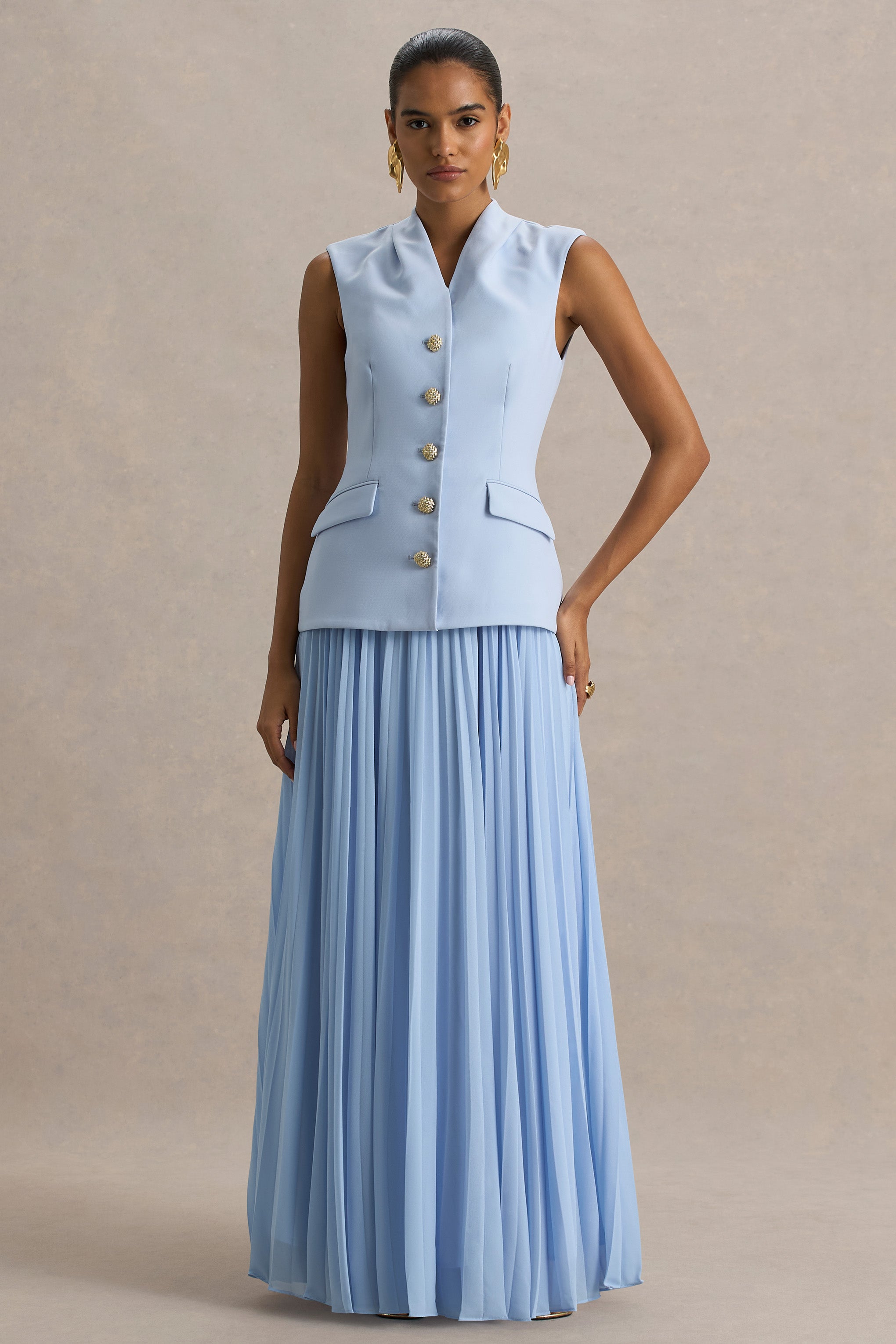 Heavenly | Powder Blue High Neck Maxi Dress With Pleated Detailing-Sowoom