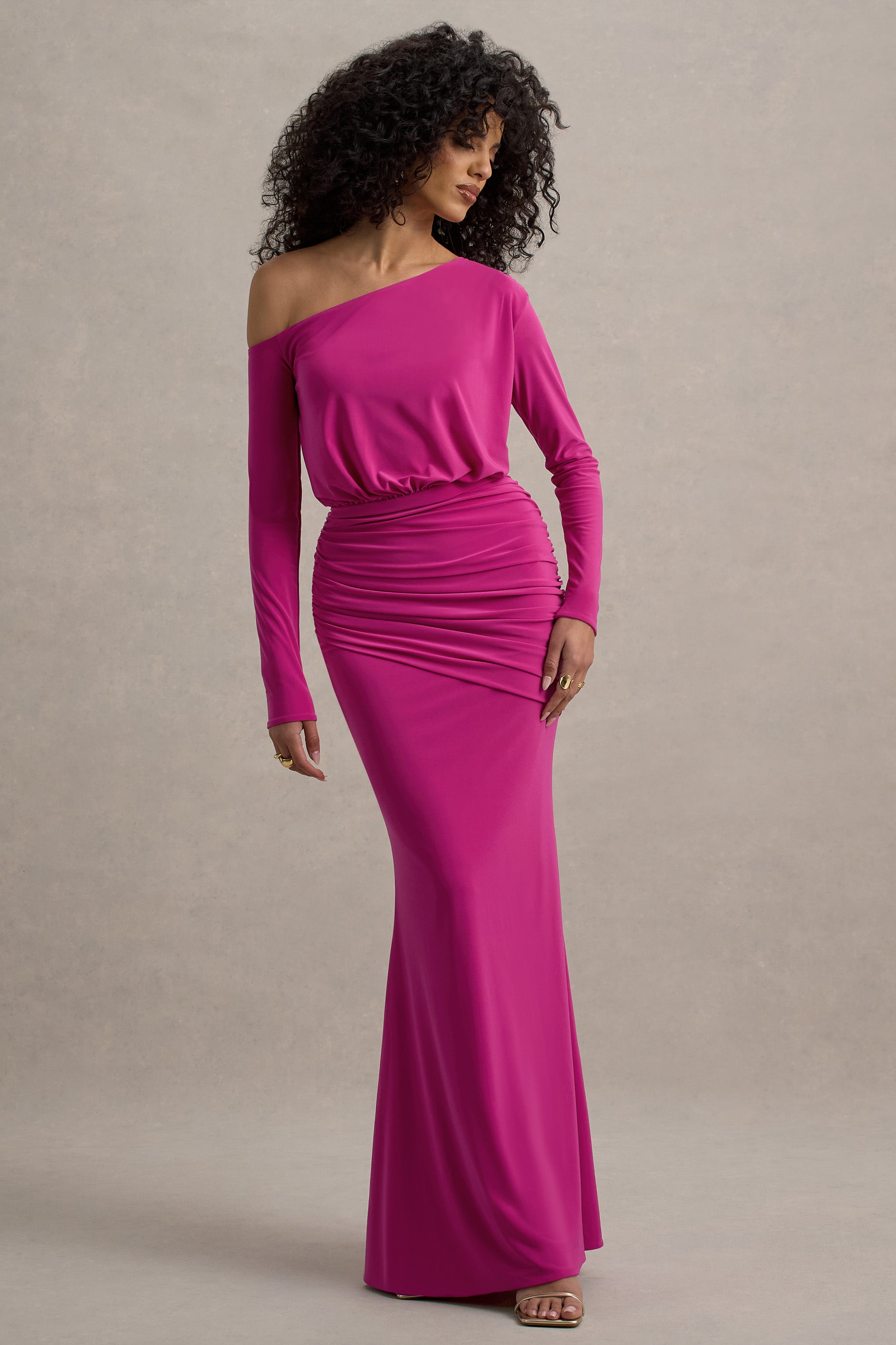 Deanna | Hot Pink Asymmetric Long-Sleeve Ruched Maxi Dress-Sowoom