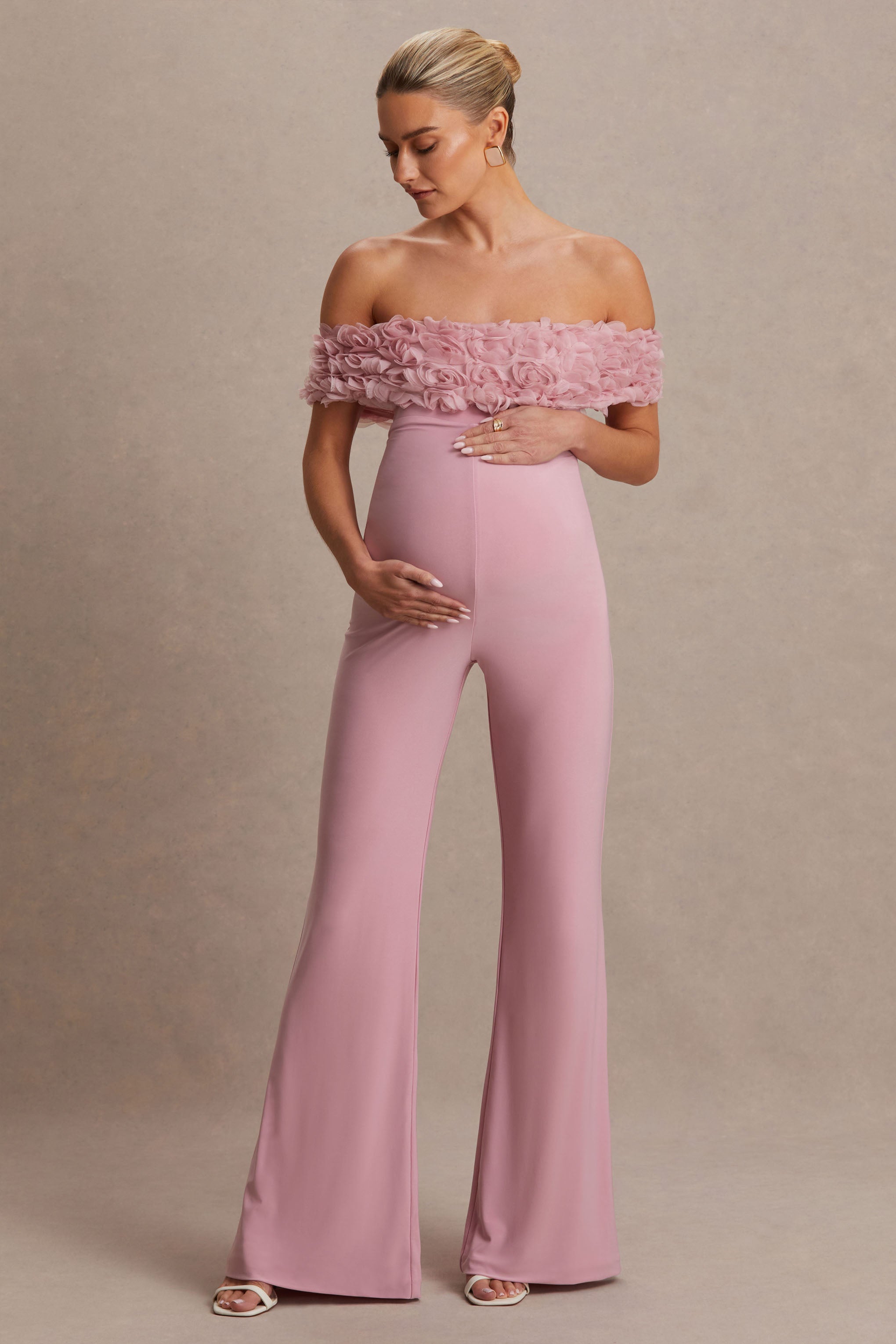 Sallow | Pink Floral Bardot Maternity Jumpsuit-Sowoom