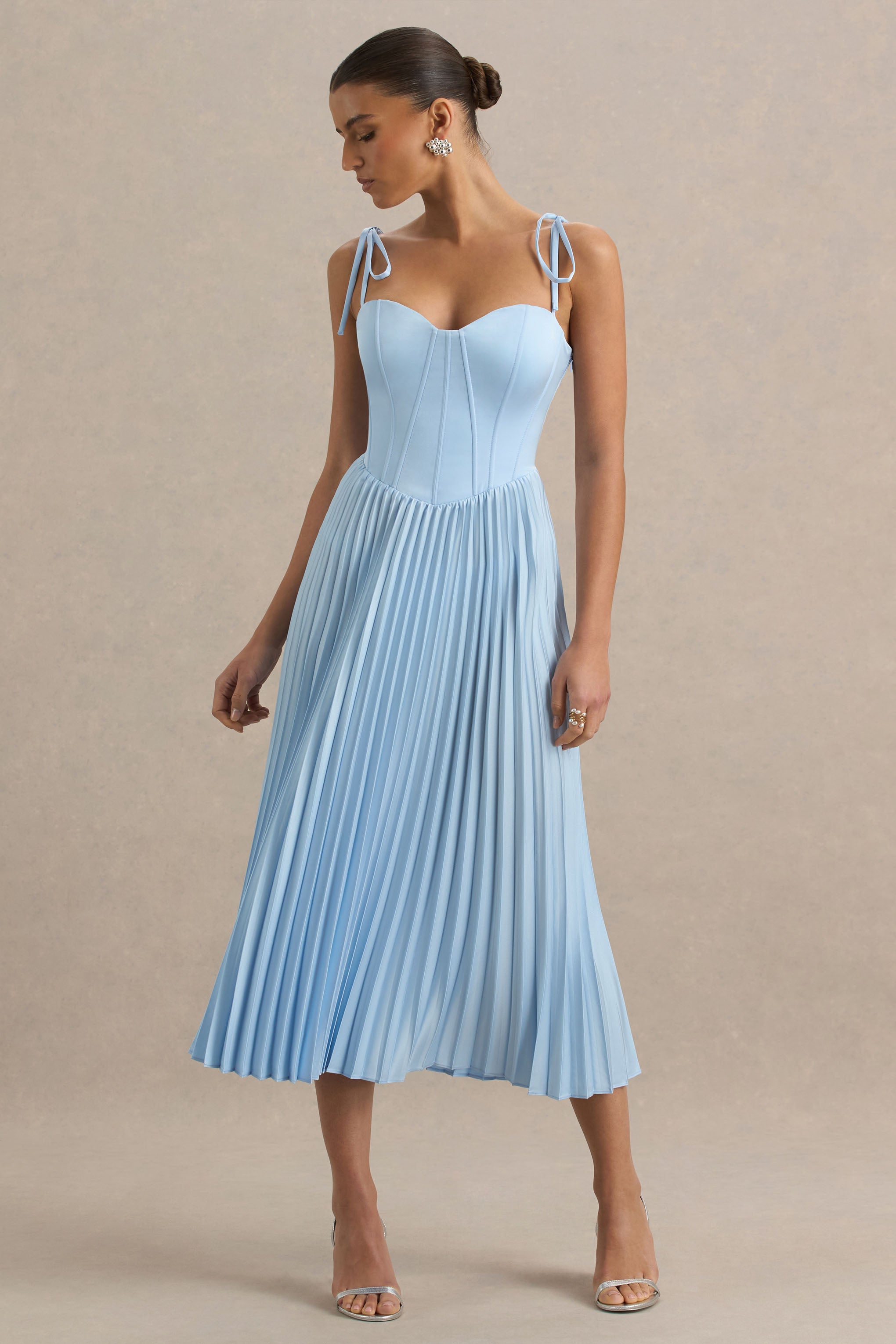 Peyton | Powder Blue Satin Sweetheart-Neck Midi Dress With Pleated Details-Sowoom