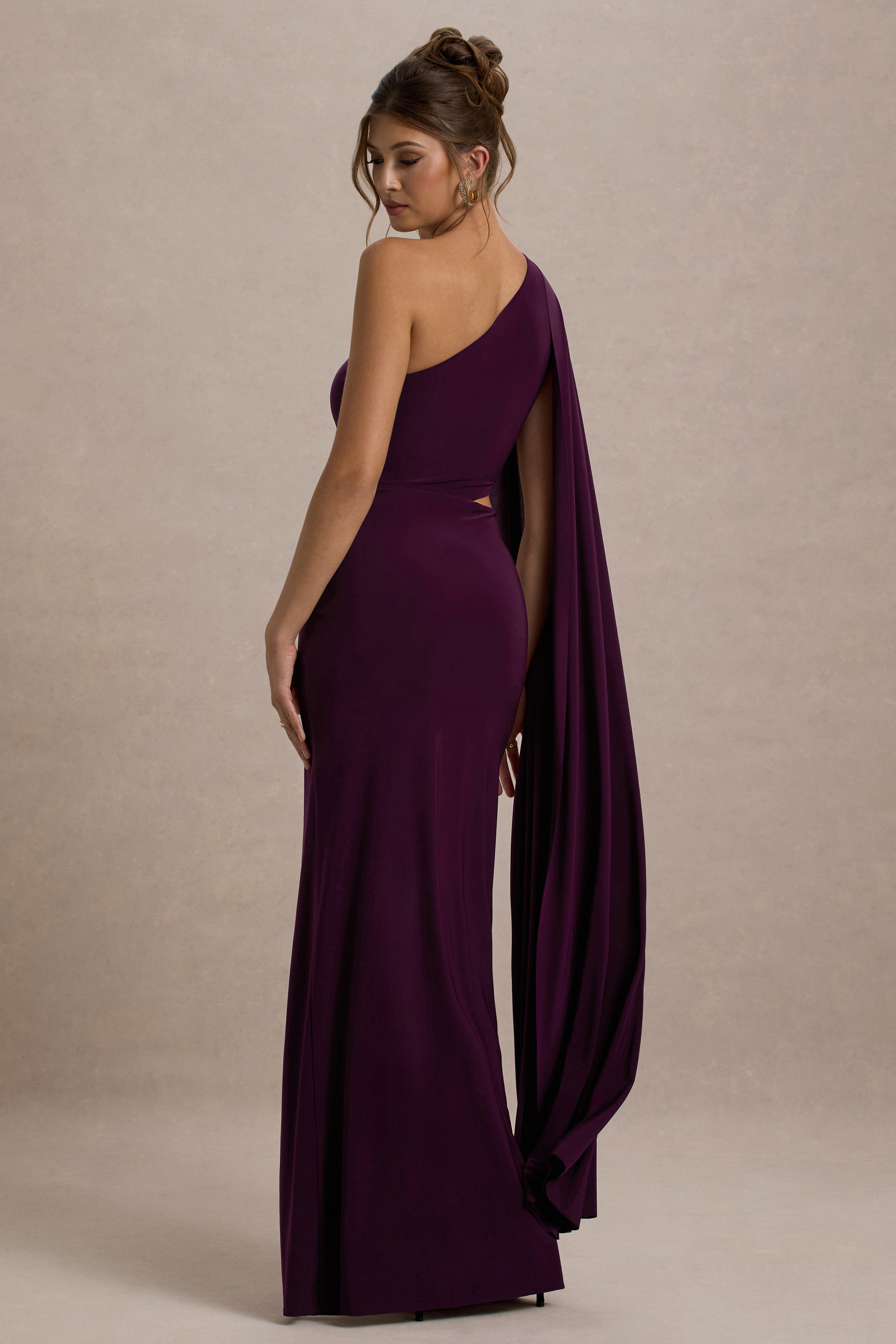 Brona | Plum One-Shoulder Cape-Sleeve Split Maxi Dress-Sowoom