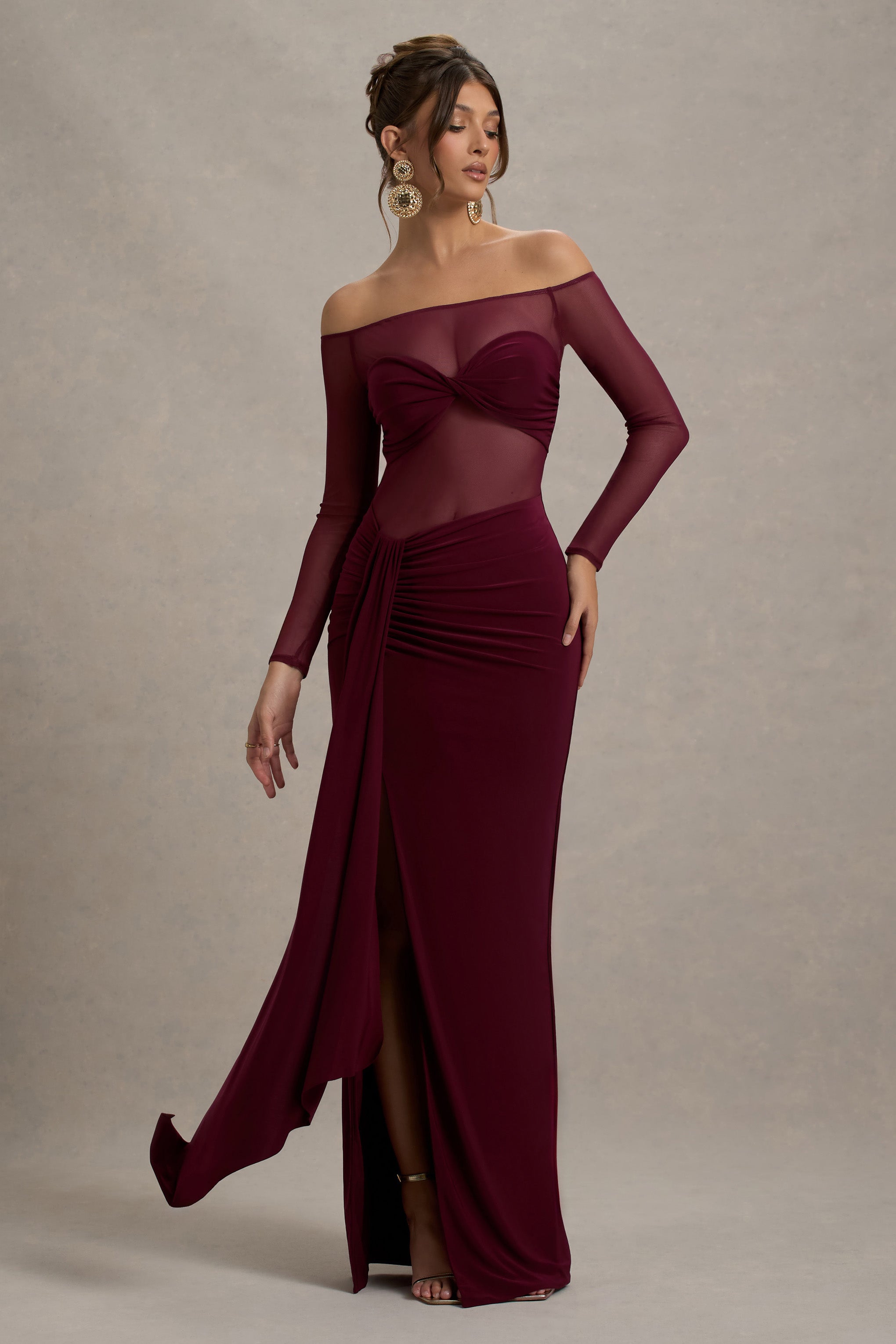 Cover Star | Burgundy Mesh Bardot Long-Sleeve Draped Maxi Dress-Sowoom