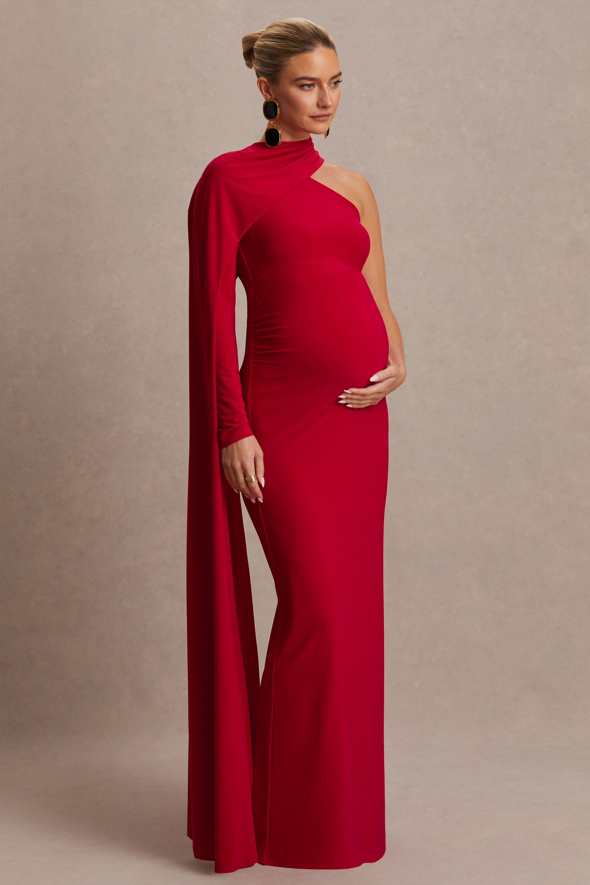 Tessy | Red Asymmetric-Neck Maternity Maxi Dress With Cape-Sleeve-Sowoom