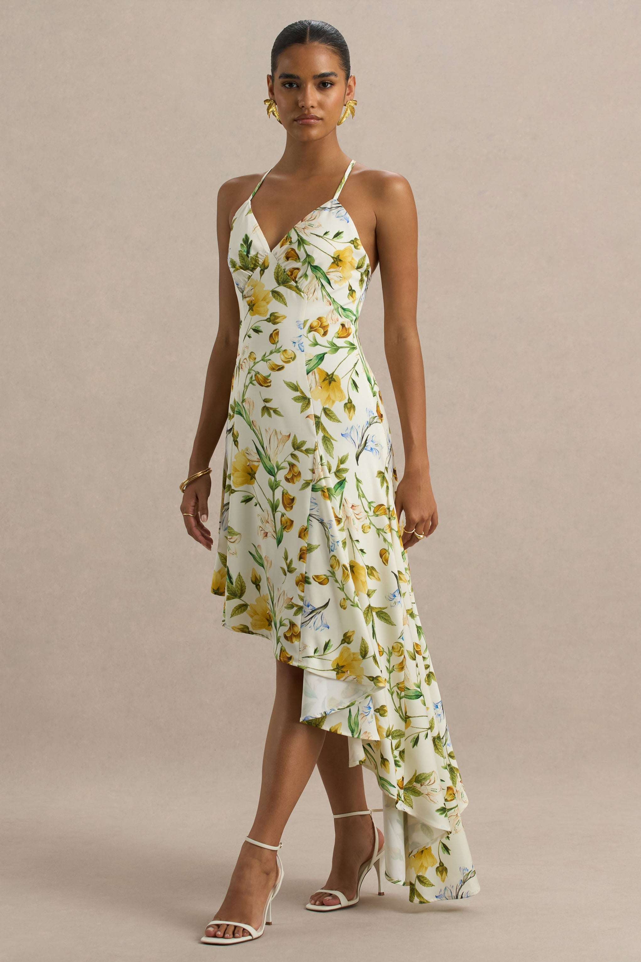 Glint | White Botanical Print Satin Plunge-Neck Maxi Dress With Asymmetric Hem-Sowoom