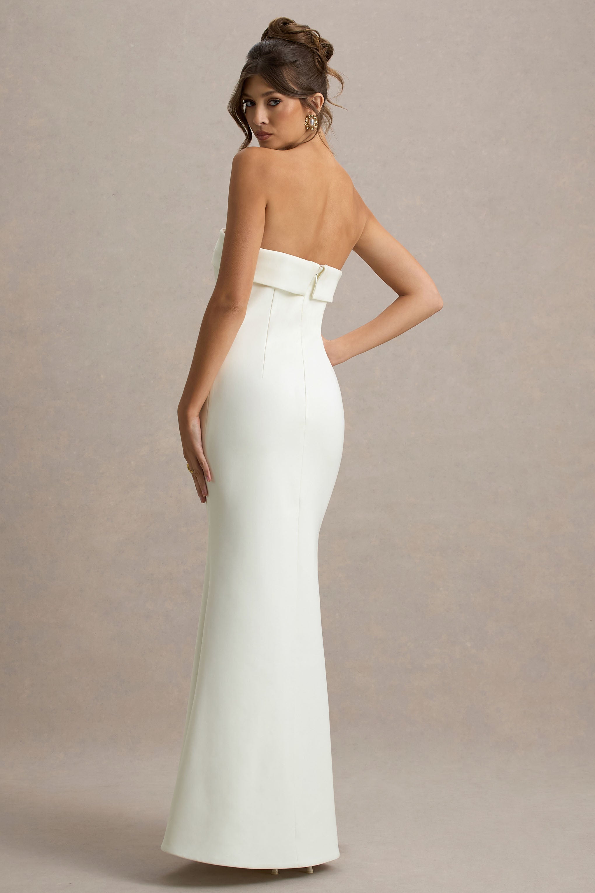 Lucia | Cream Bandeau Tailored Maxi Dress With Split-Sowoom