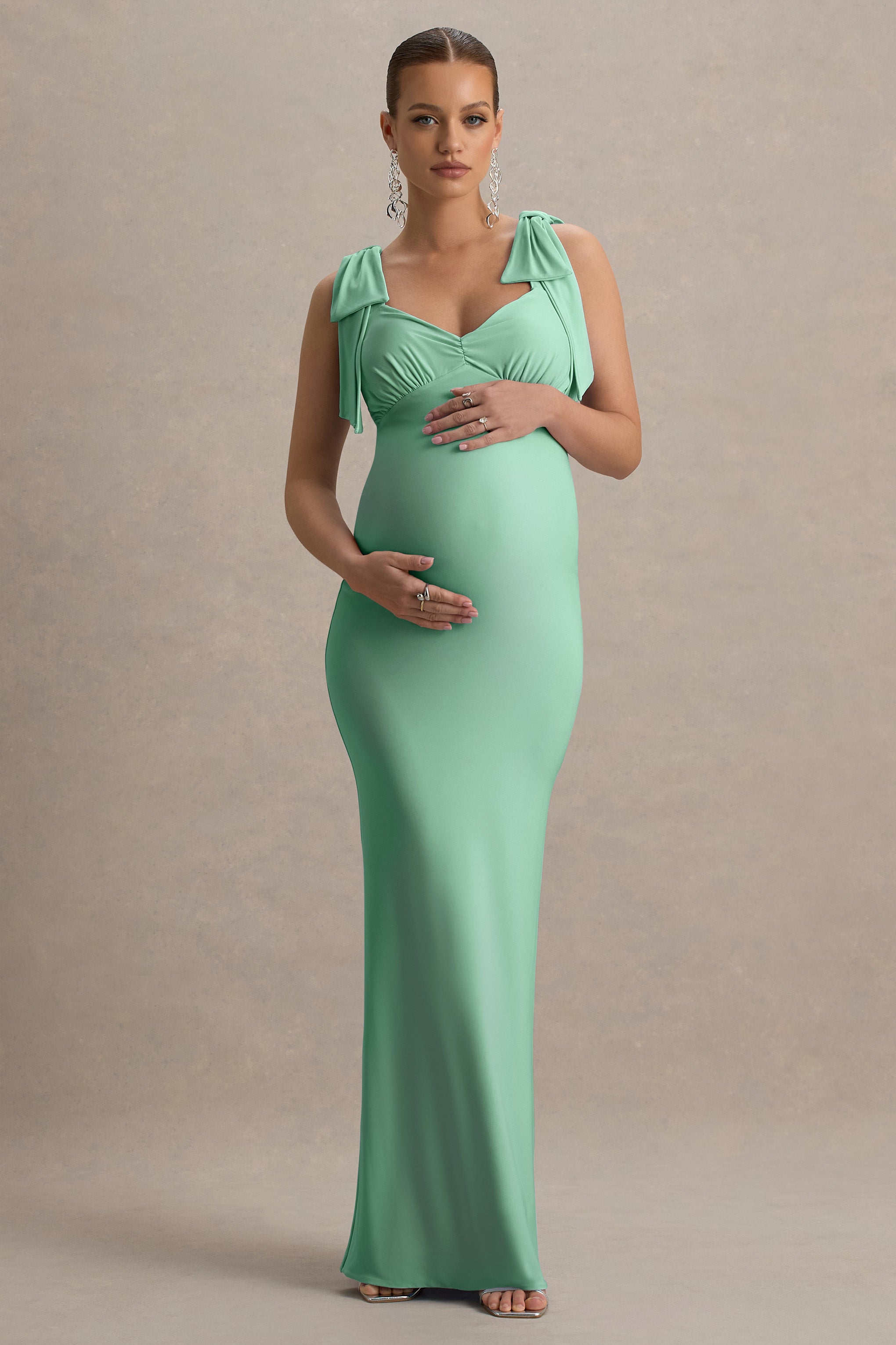 Sheen | Light Green Sweetheart Bow Strap Maternity Maxi Dress-Sowoom