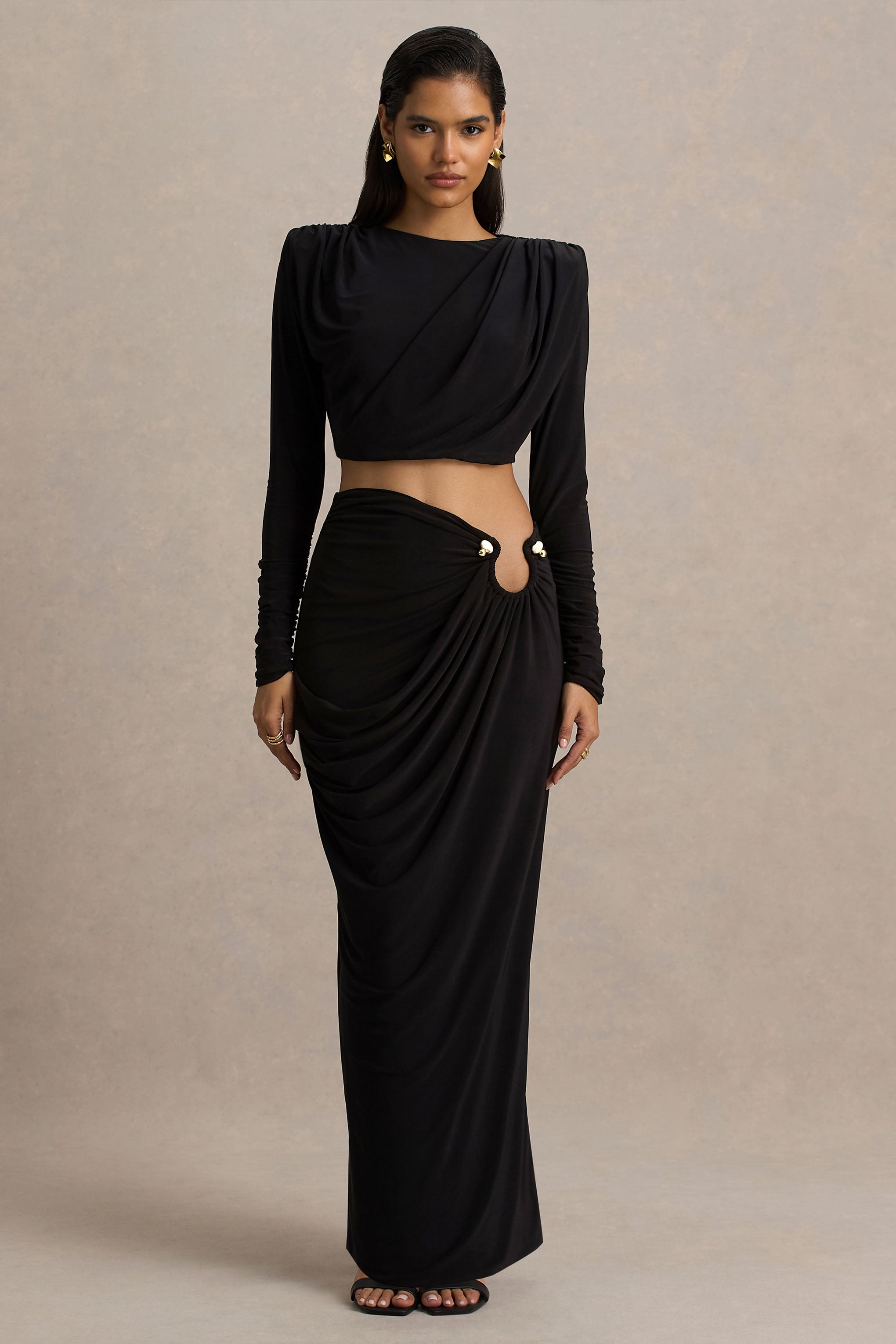 Avaline | Black Wrap Maxi Skirt With Ruched Detailing-Sowoom