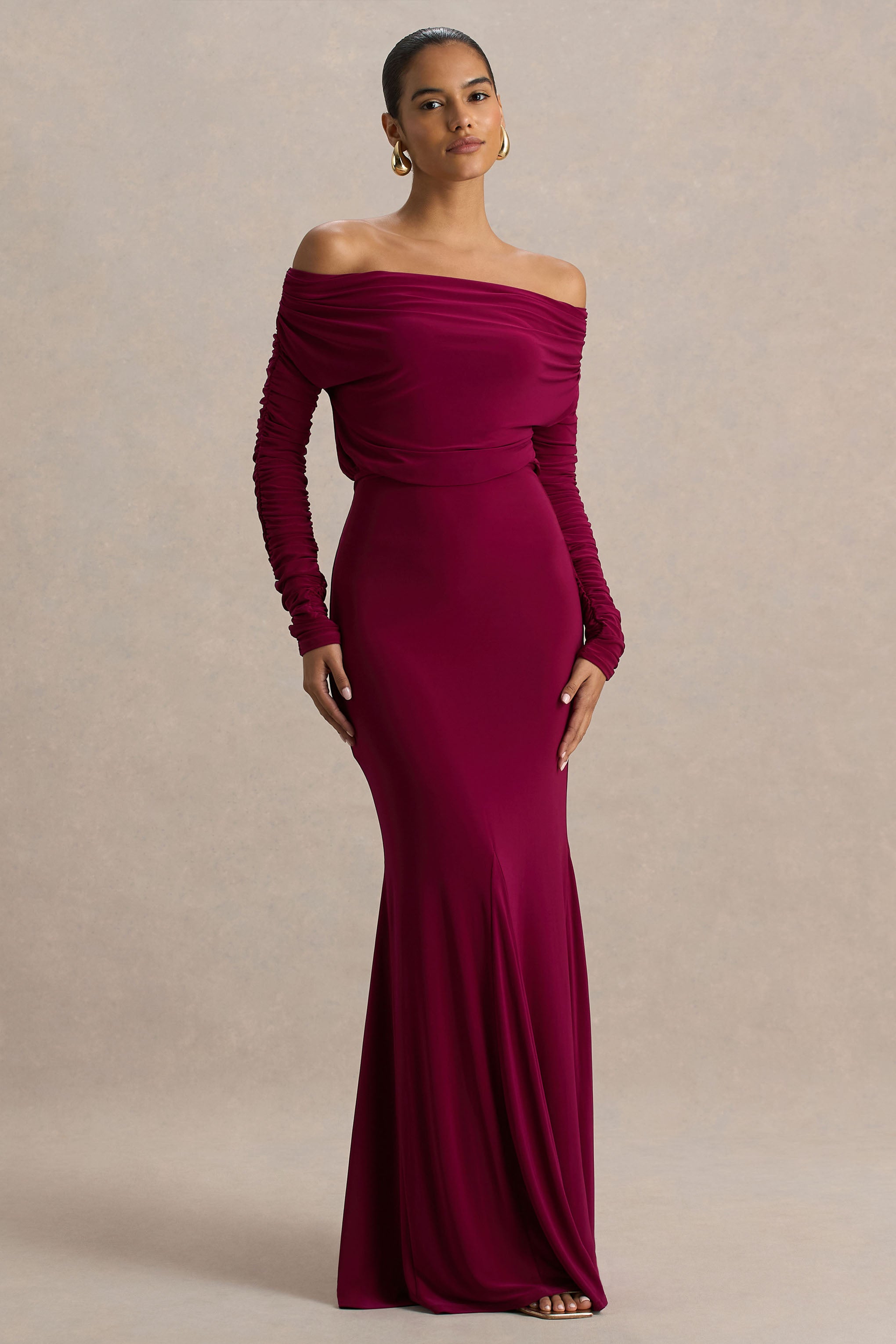 Cilla | Burgundy Bardot-Neck Maxi Dress With Ruched Detailing-Sowoom