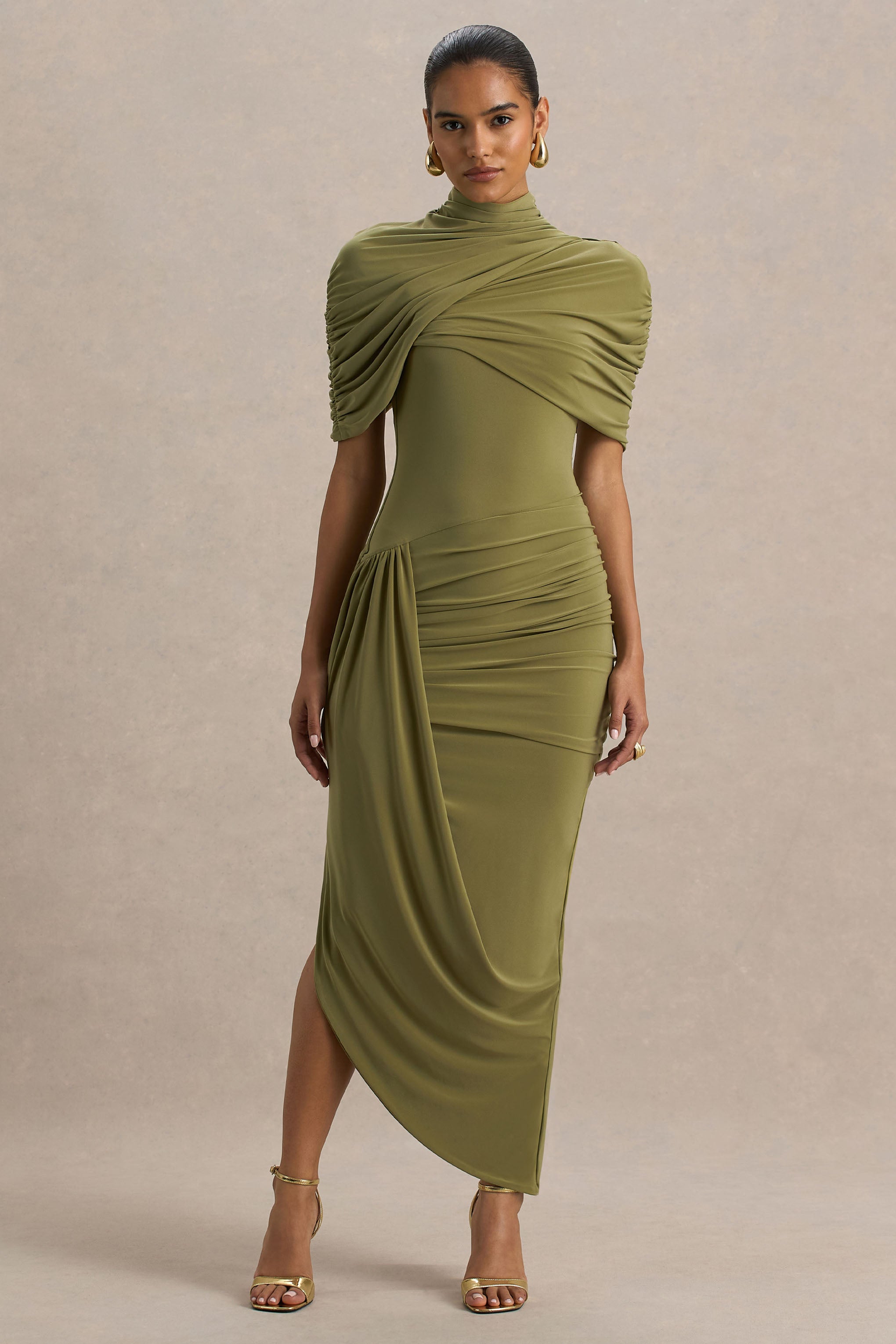 Enchant | Olive Asymmetric Twisted Cape Midi Dress-Sowoom