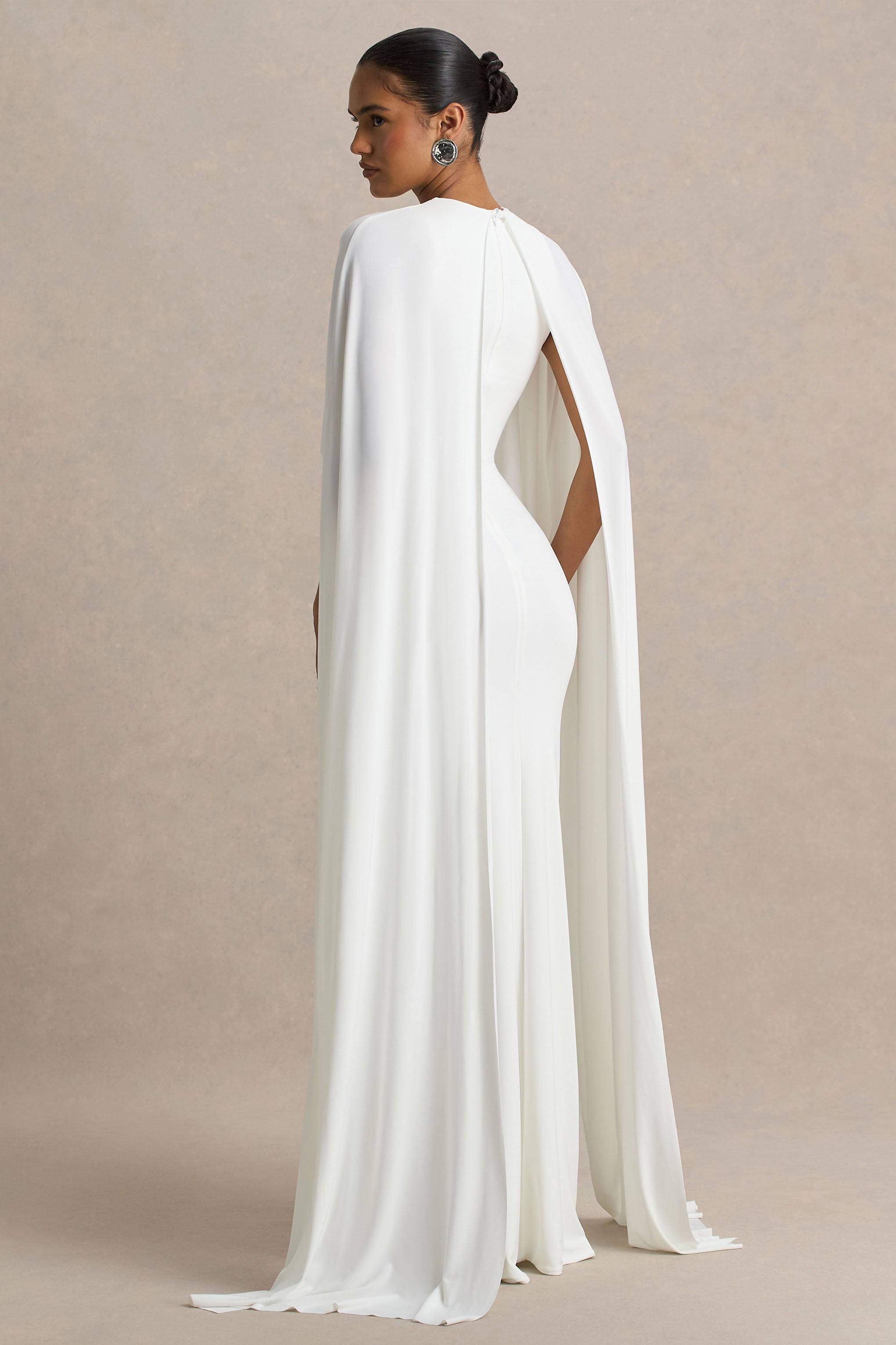 Padma | White Draped Maxi Dress With Cape Sleeves-Sowoom
