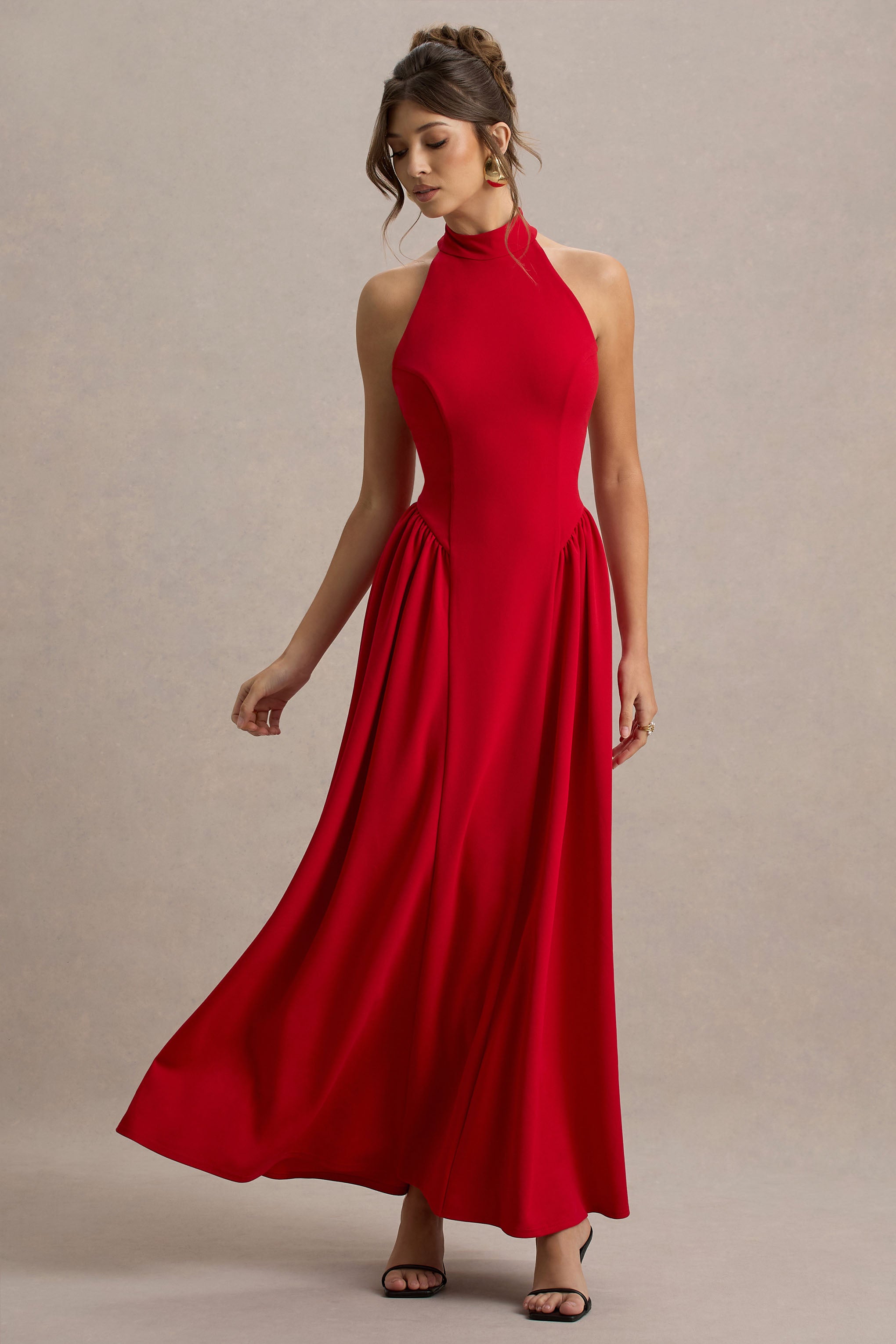Cynthia | Red High-Neck Maxi Dress With Volume Skirt-Sowoom