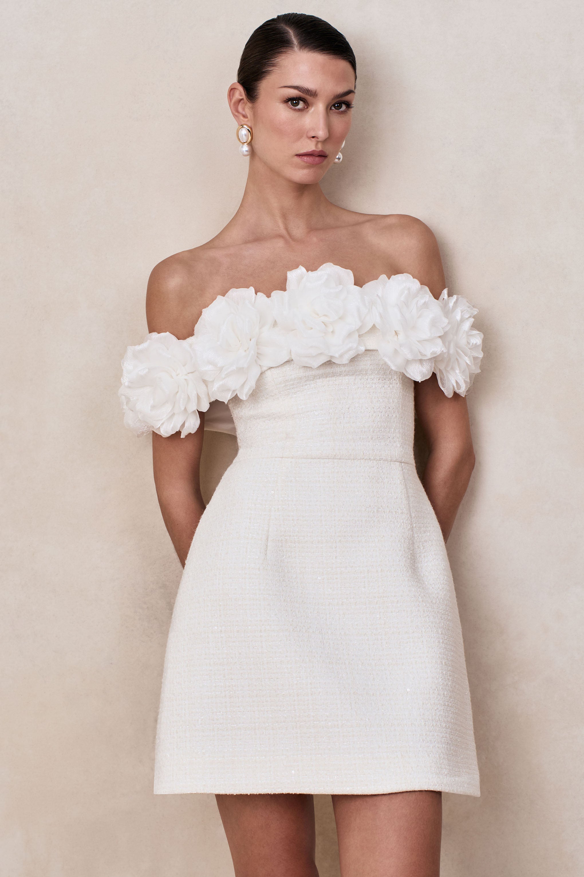 Florinda | White Boucle Floral-Bardot Neck Mini Dress-Sowoom