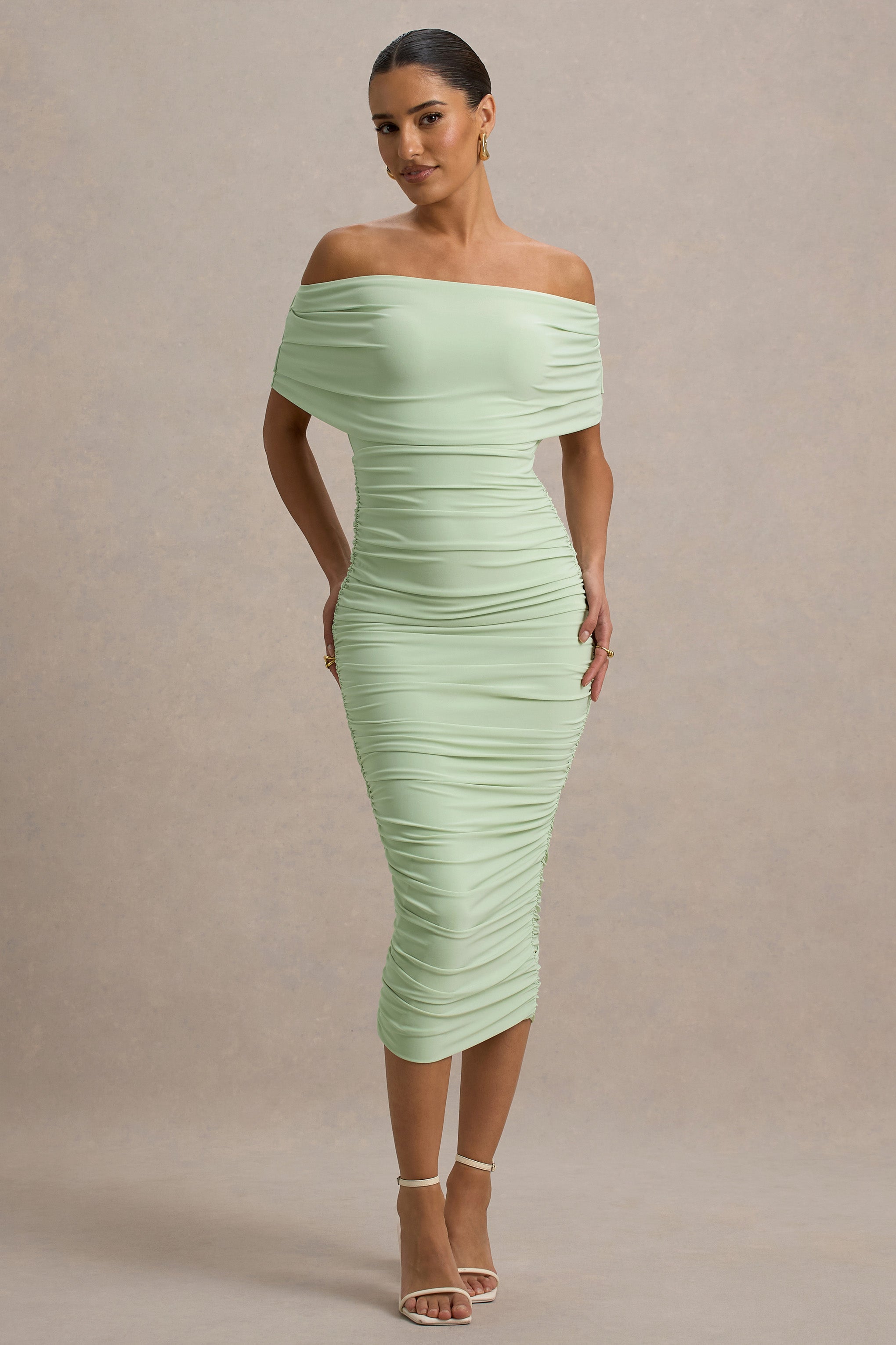 Rayleigh | Light Green Bardot Ruched Midi Dress-Sowoom