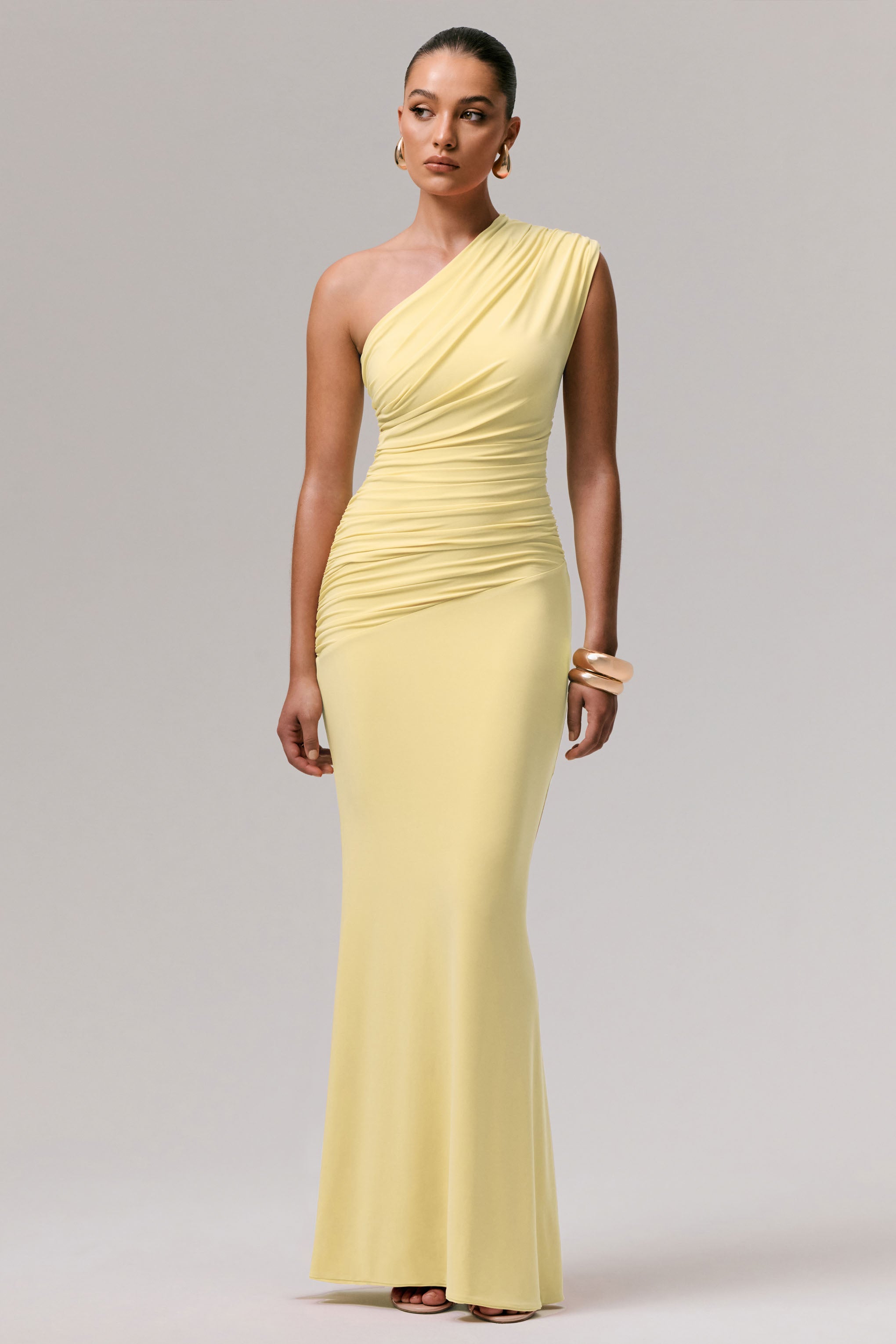 Mardi | Lemon Asymmetric Maxi Dress With Ruching-Sowoom
