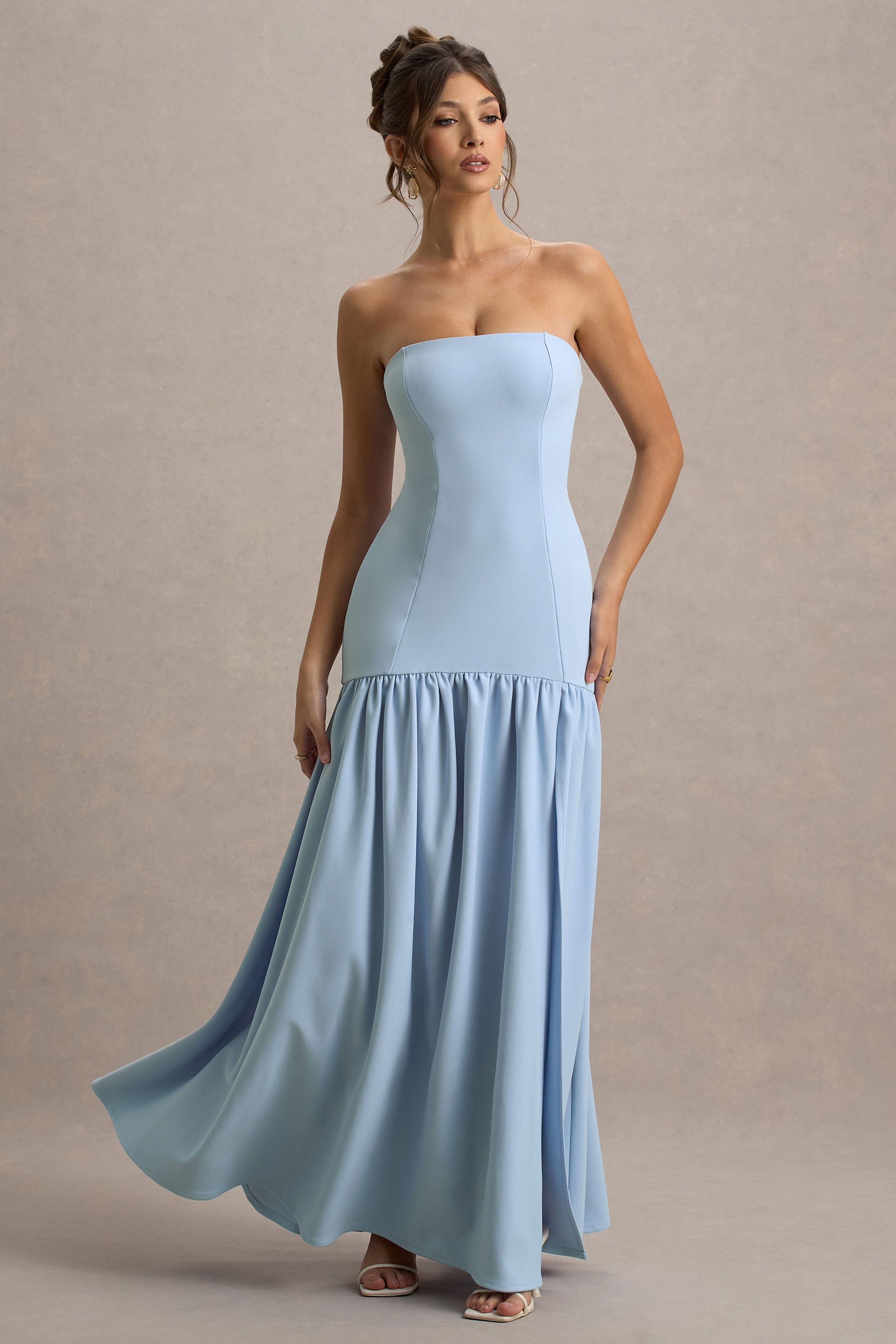 Penny | Powder Blue Bandeau Drop-Waist Maxi Dress-Sowoom