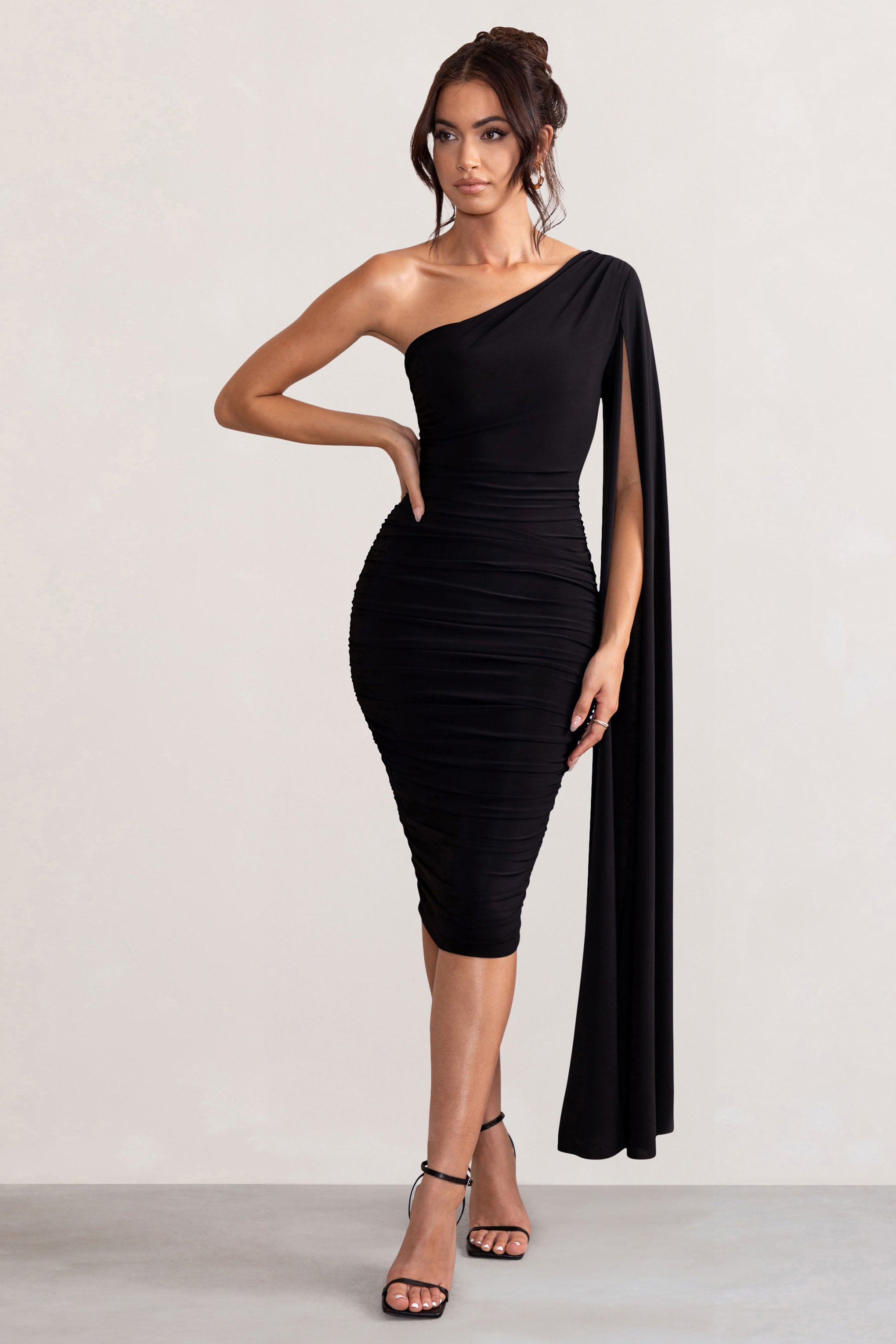 Yara | Black One Shoulder Cape Ruched Midi Dress-Sowoom