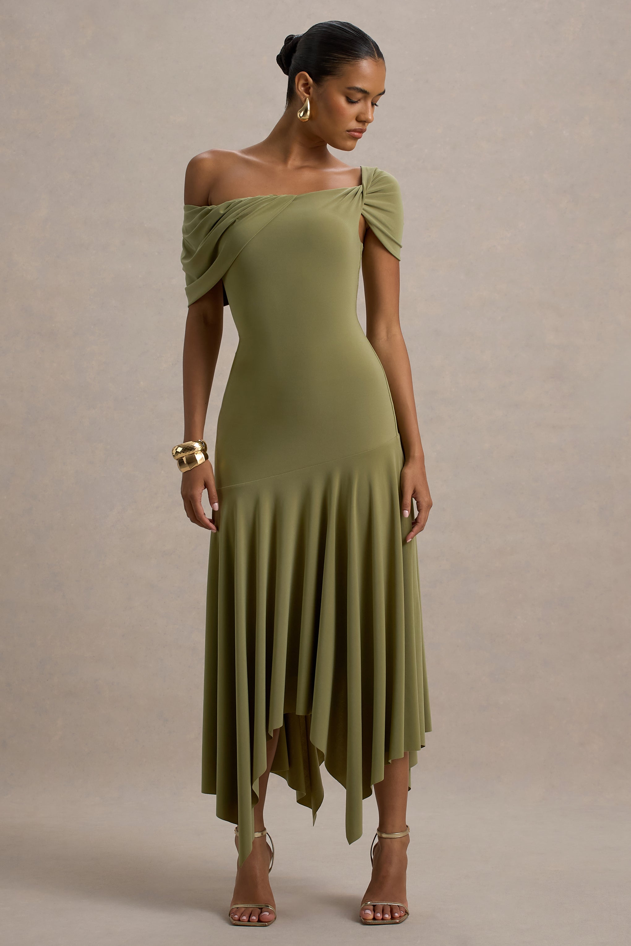 Castor | Olive Asymmetric Midi Dress-Sowoom