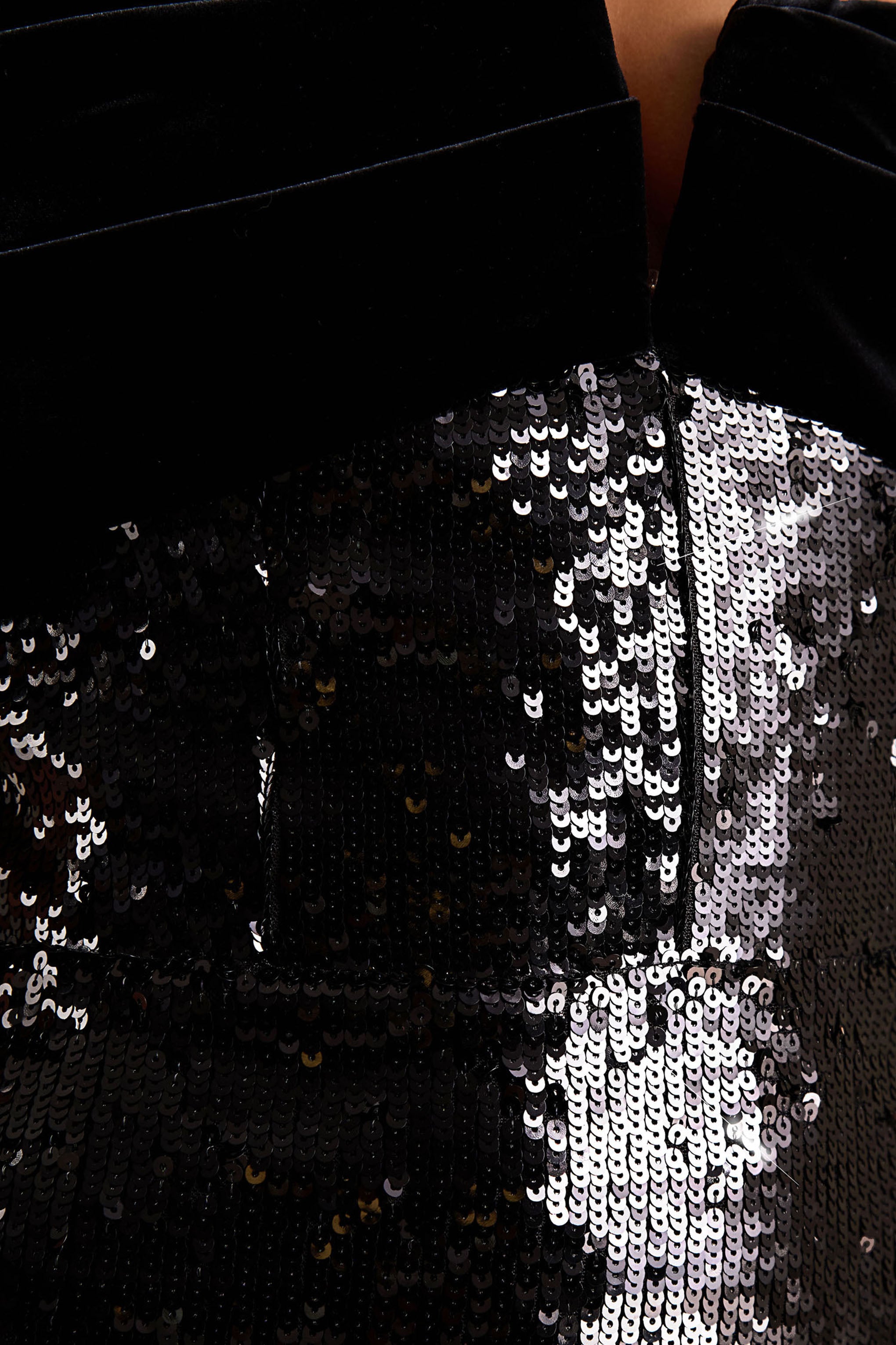 Bex | Black Sequin And Velvet Bardot-Neck Maxi Dress-Sowoom