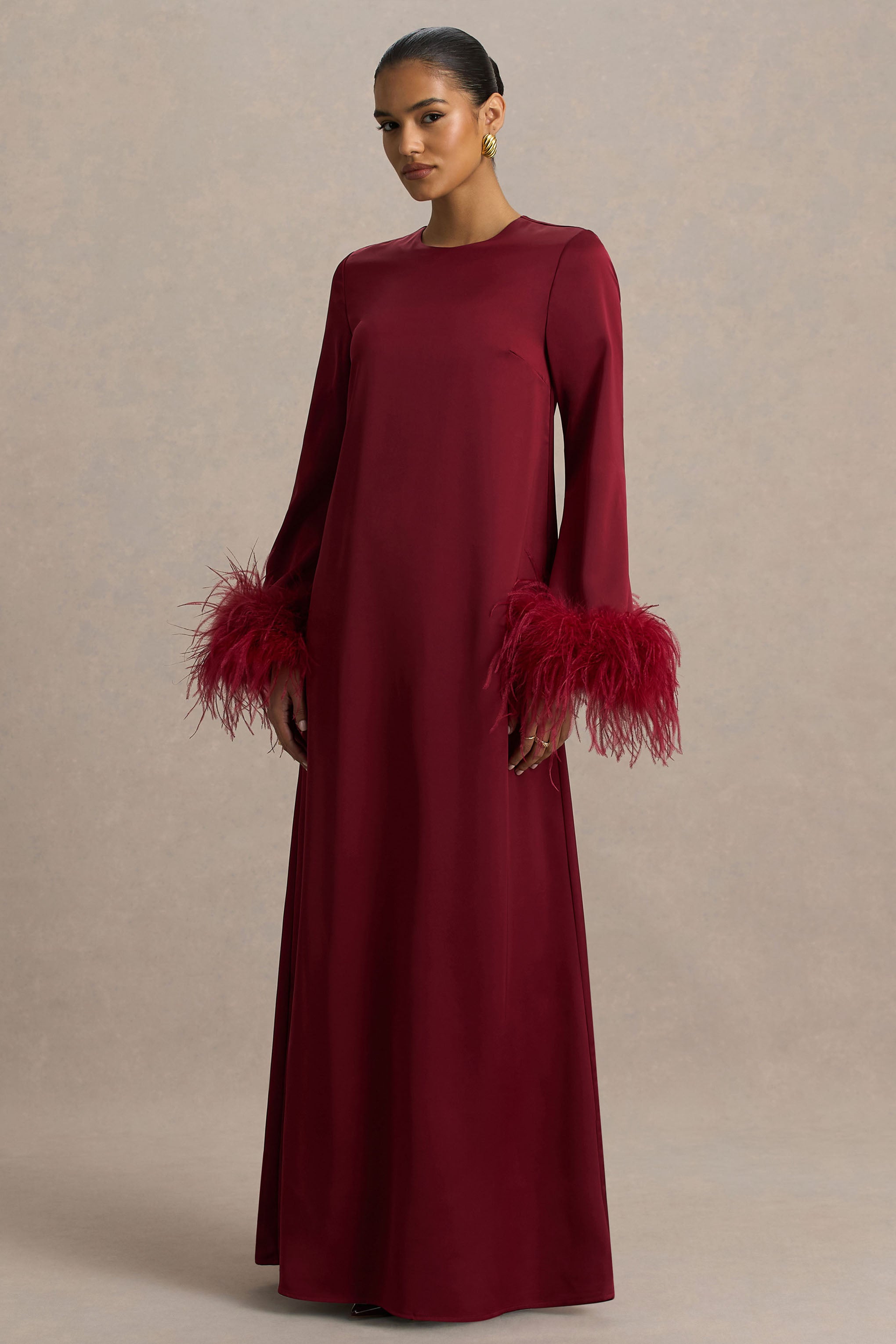 Adella | Burgundy Satin Feather-Trim Maxi Dress-Sowoom