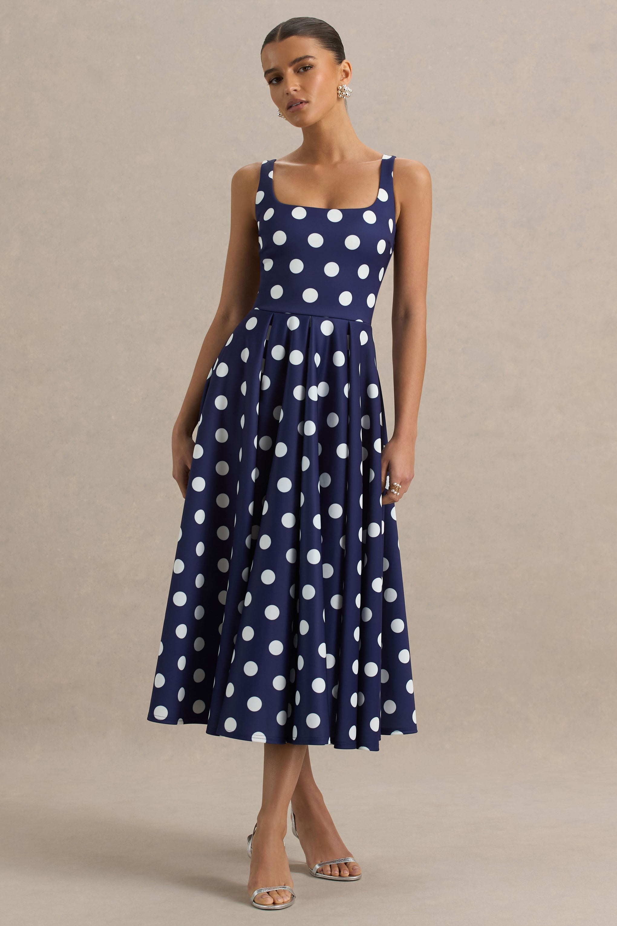 Berta | Navy And White Polka-Dot Square-Neck Midi Dress-Sowoom