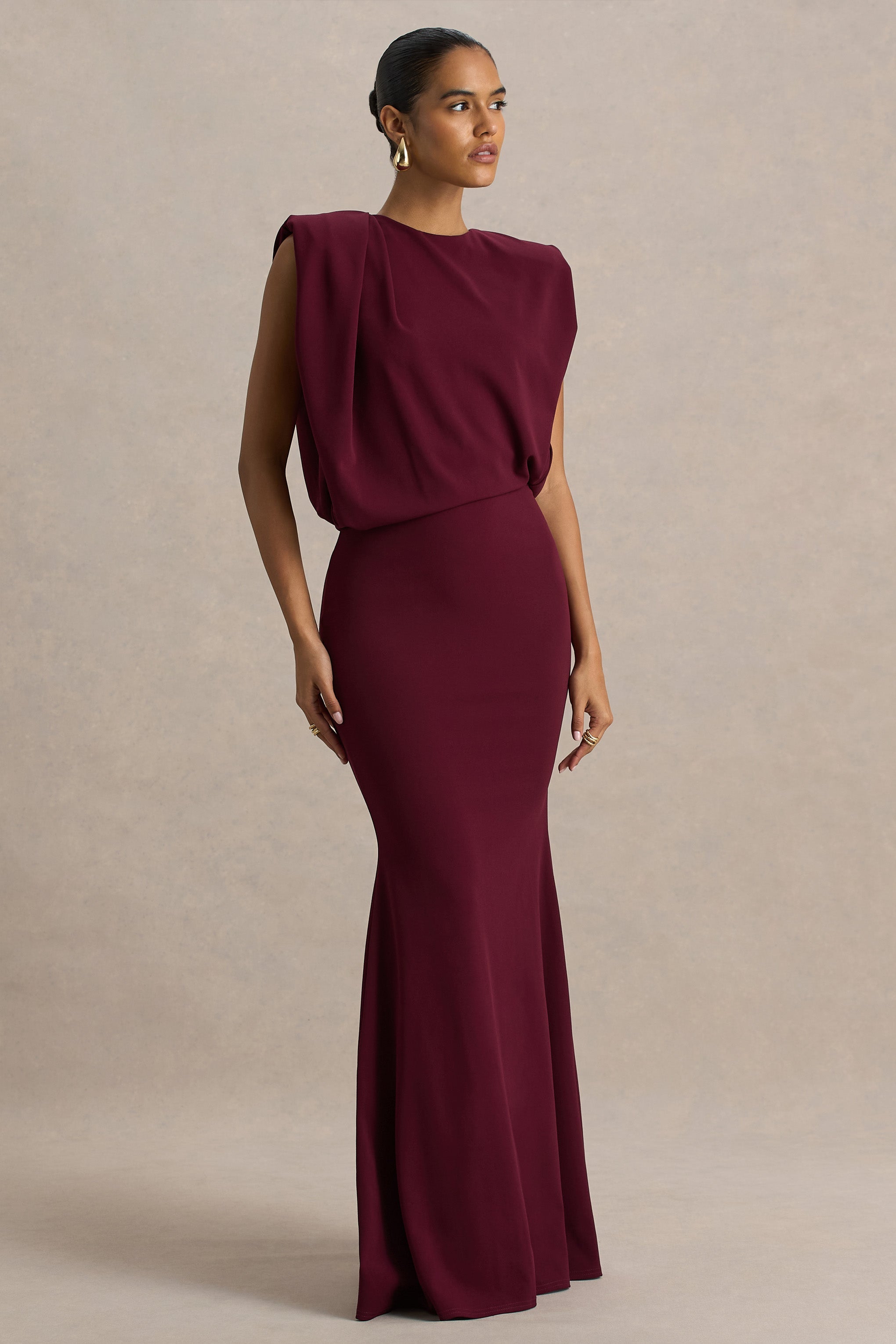 Meave | Burgundy Boat-Neck Maxi Dress With Draped Detail-Sowoom