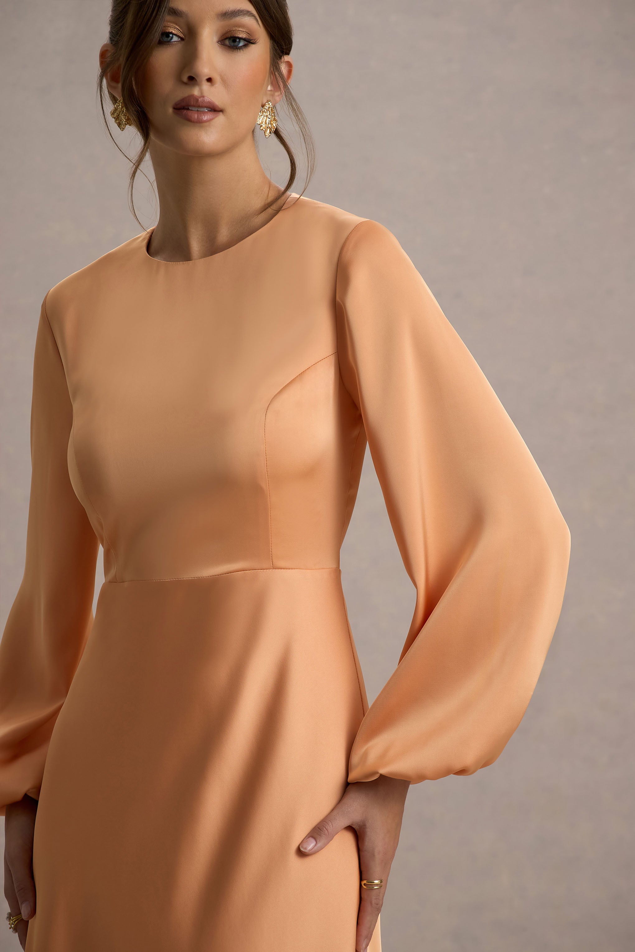 Crawley | Peach Satin Puff-Sleeve Maxi Dress-Sowoom