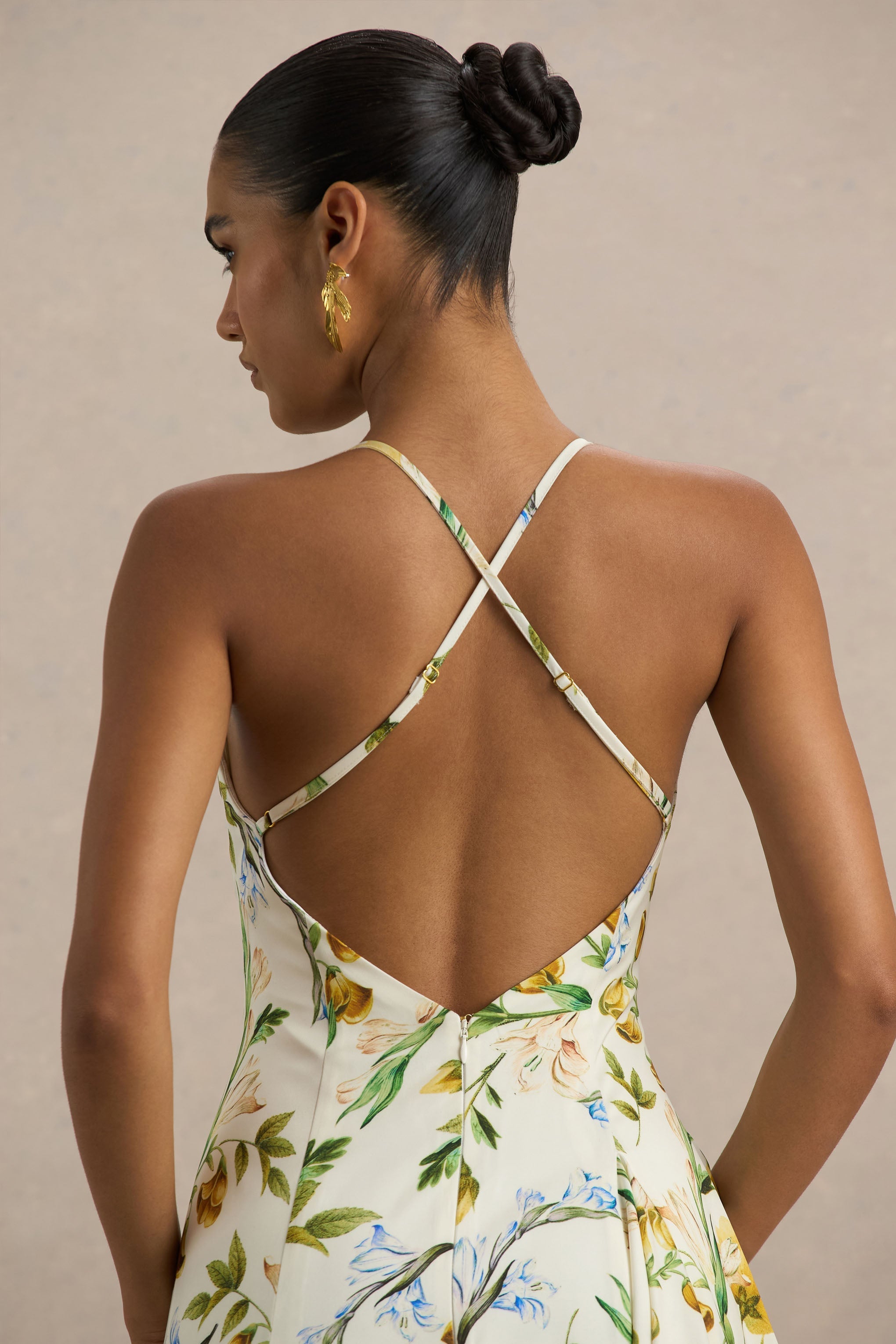 Glint | White Botanical Print Satin Plunge-Neck Maxi Dress With Asymmetric Hem-Sowoom