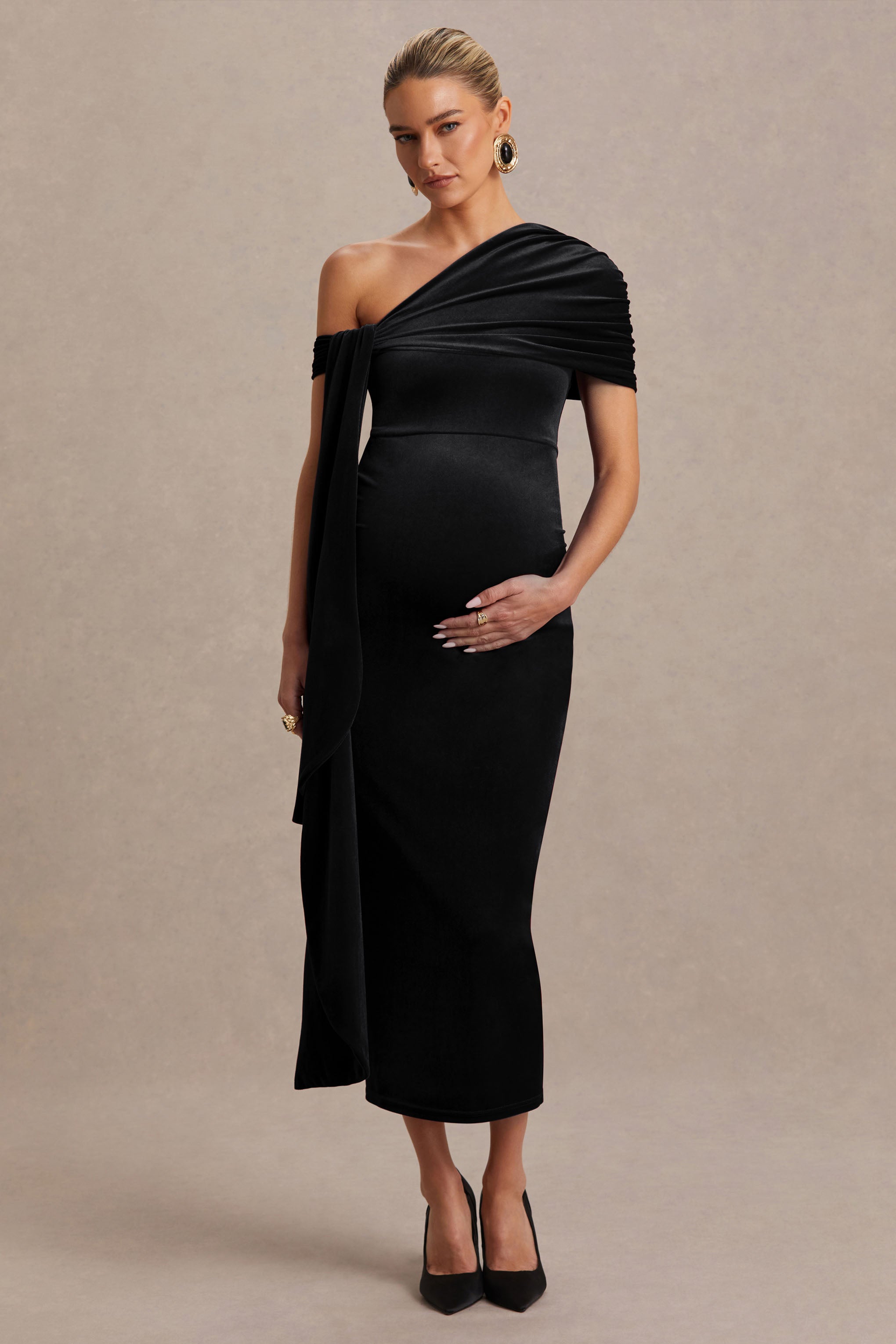Zena | Black Velvet Asymmetric-Neck Maternity Midi Dress With Knot And Sash Detail-Sowoom