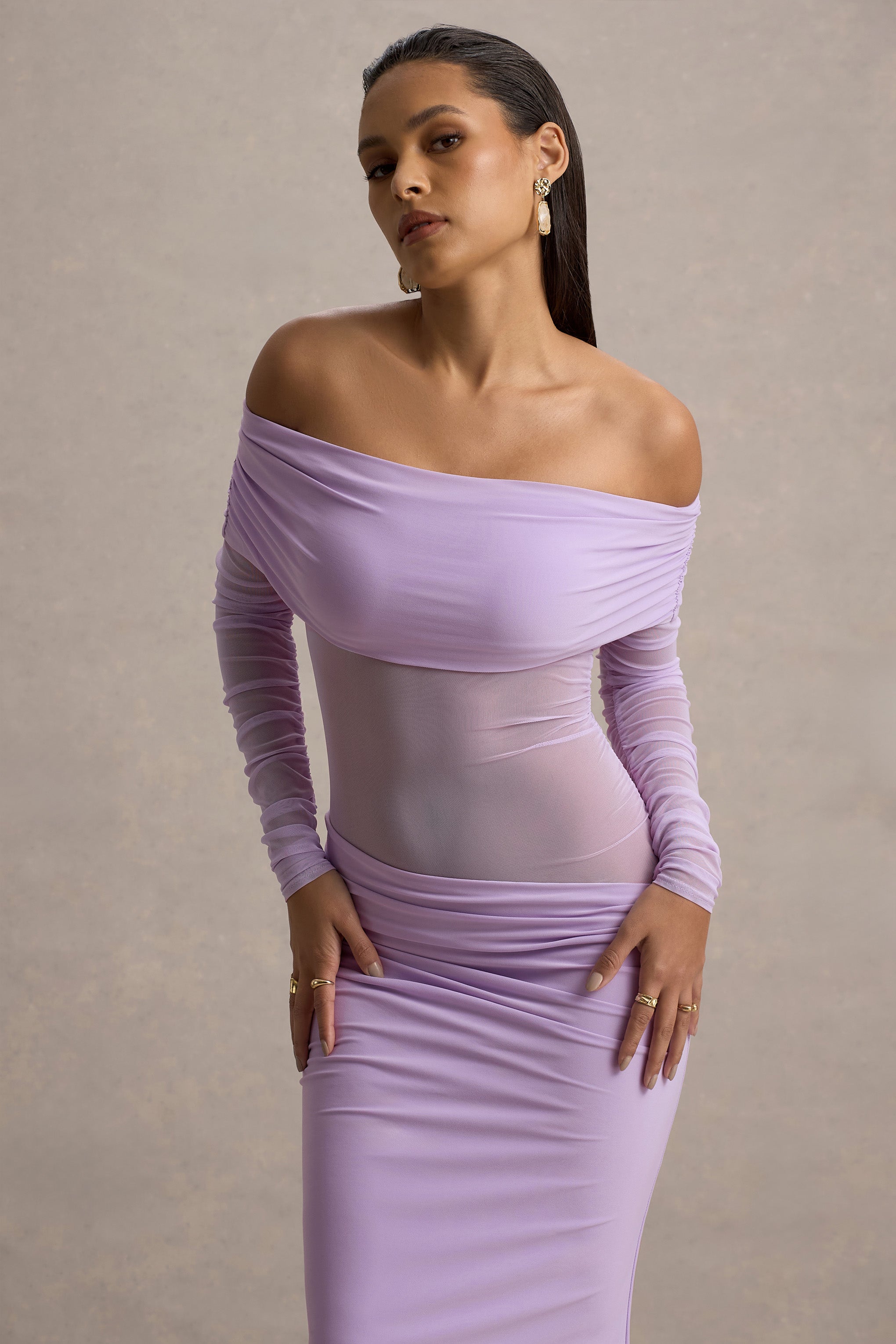 Belamour | Lavender Semi-Sheer Bardot Gathered Maxi Dress-Sowoom