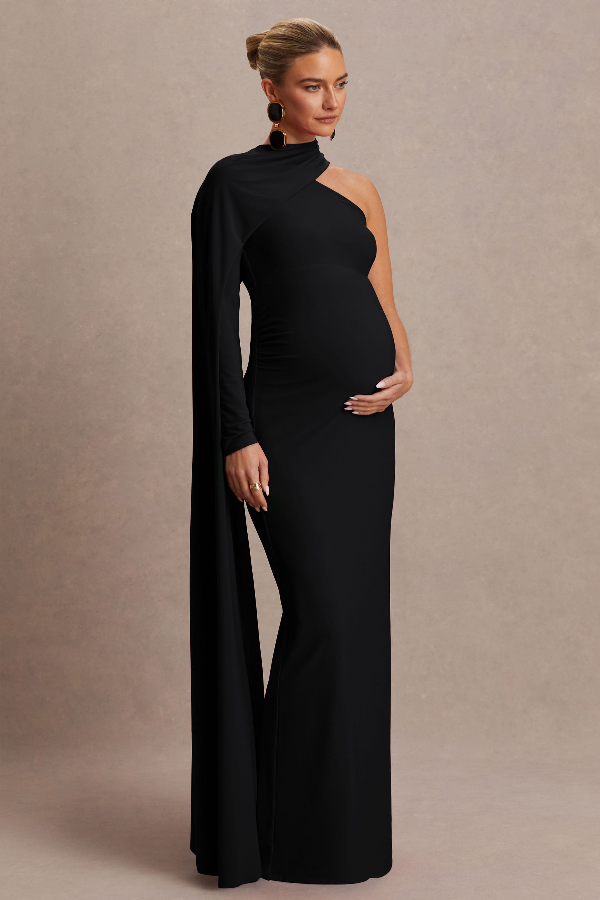 Tessy | Black Asymmetric-Neck Maternity Maxi Dress With Cape-Sleeve-Sowoom