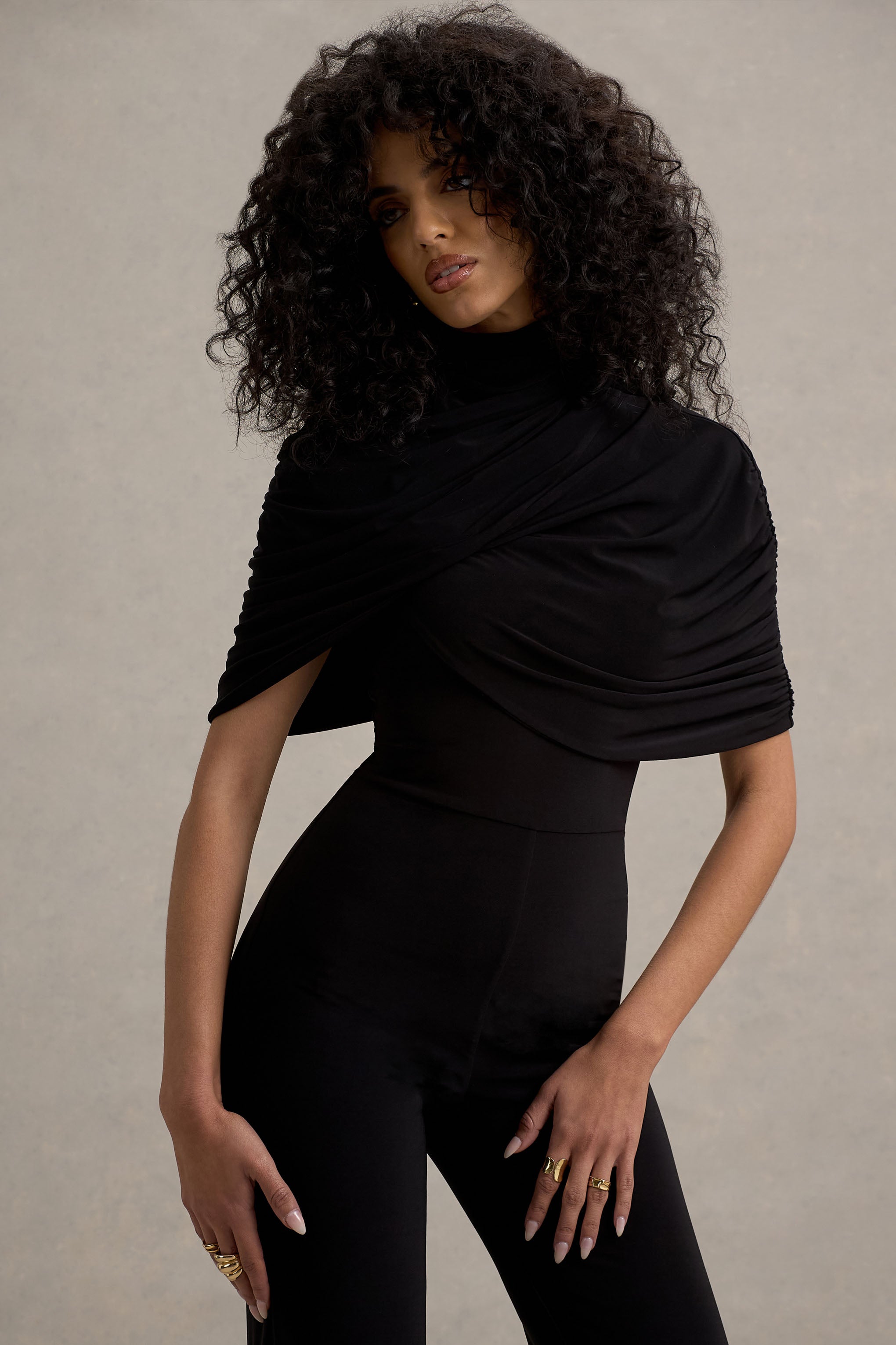 Isoline | Black Twist Cape Flared-Leg Jumpsuit-Sowoom