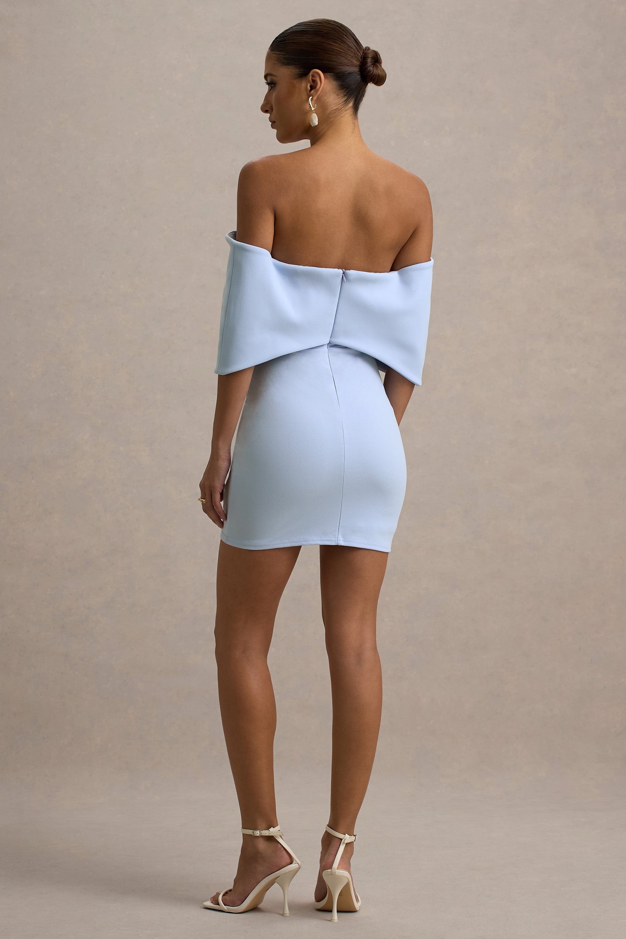 Sadie | Powder Blue Bow Bardot Mini Dress-Sowoom