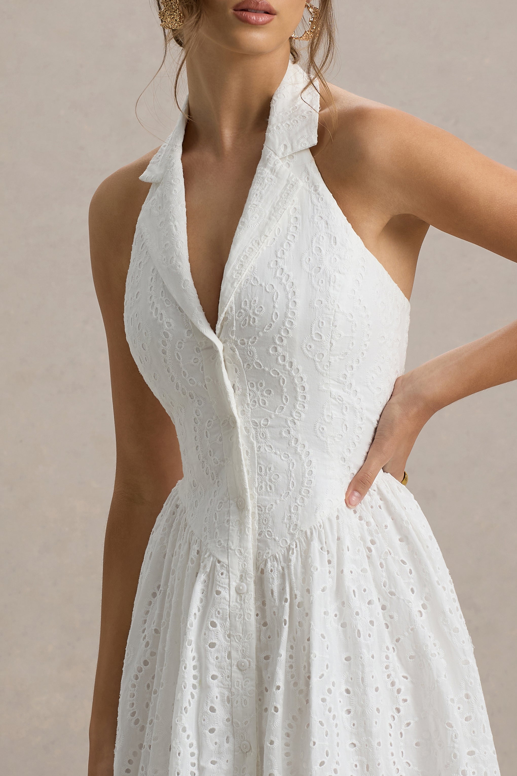 Jezebel | White Lace Plunge-Neck Collared Midi Dress-Sowoom