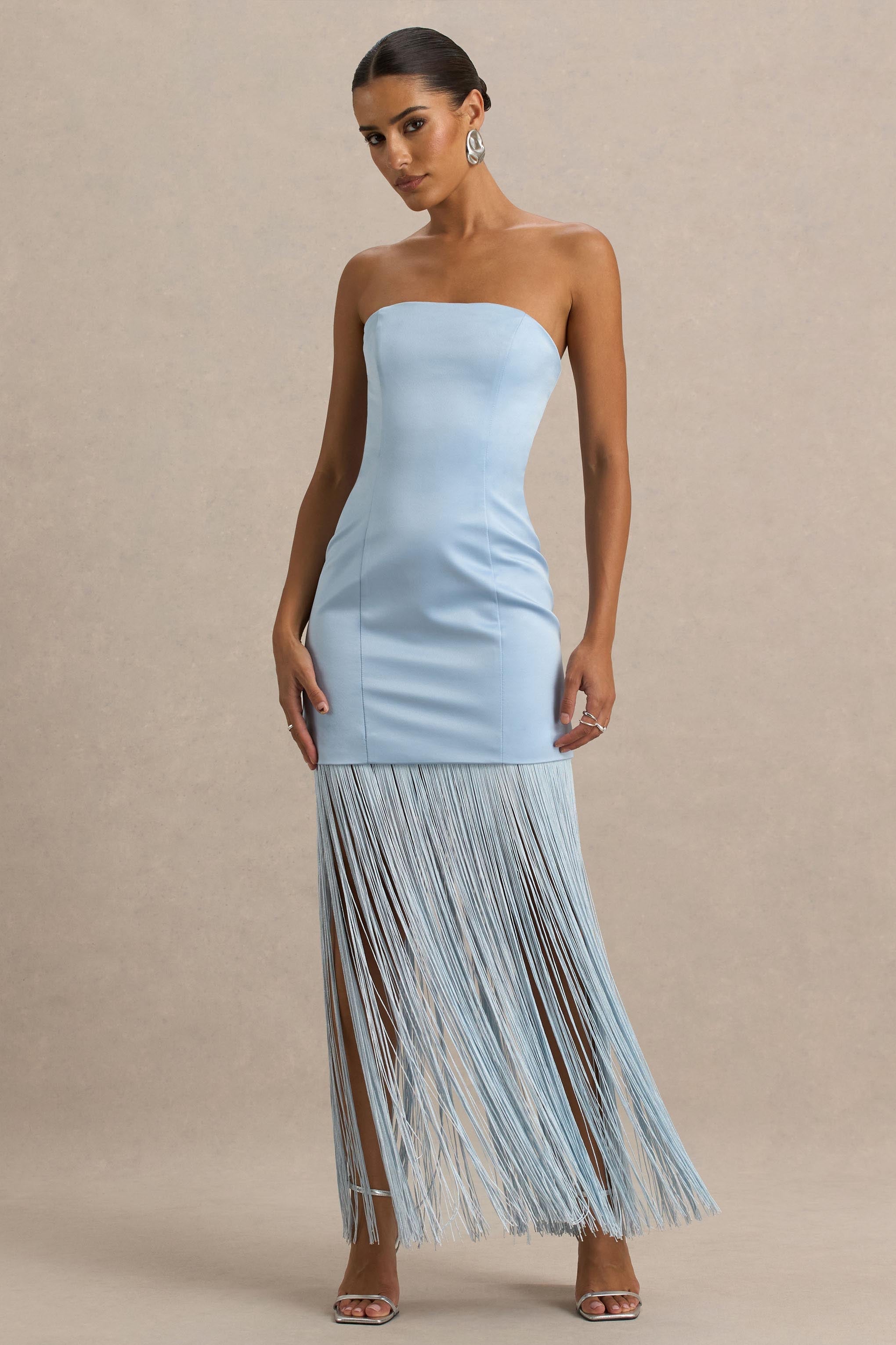 Trinity | Powder Blue Satin Bandeau Maxi Dress With Fringe-Sowoom