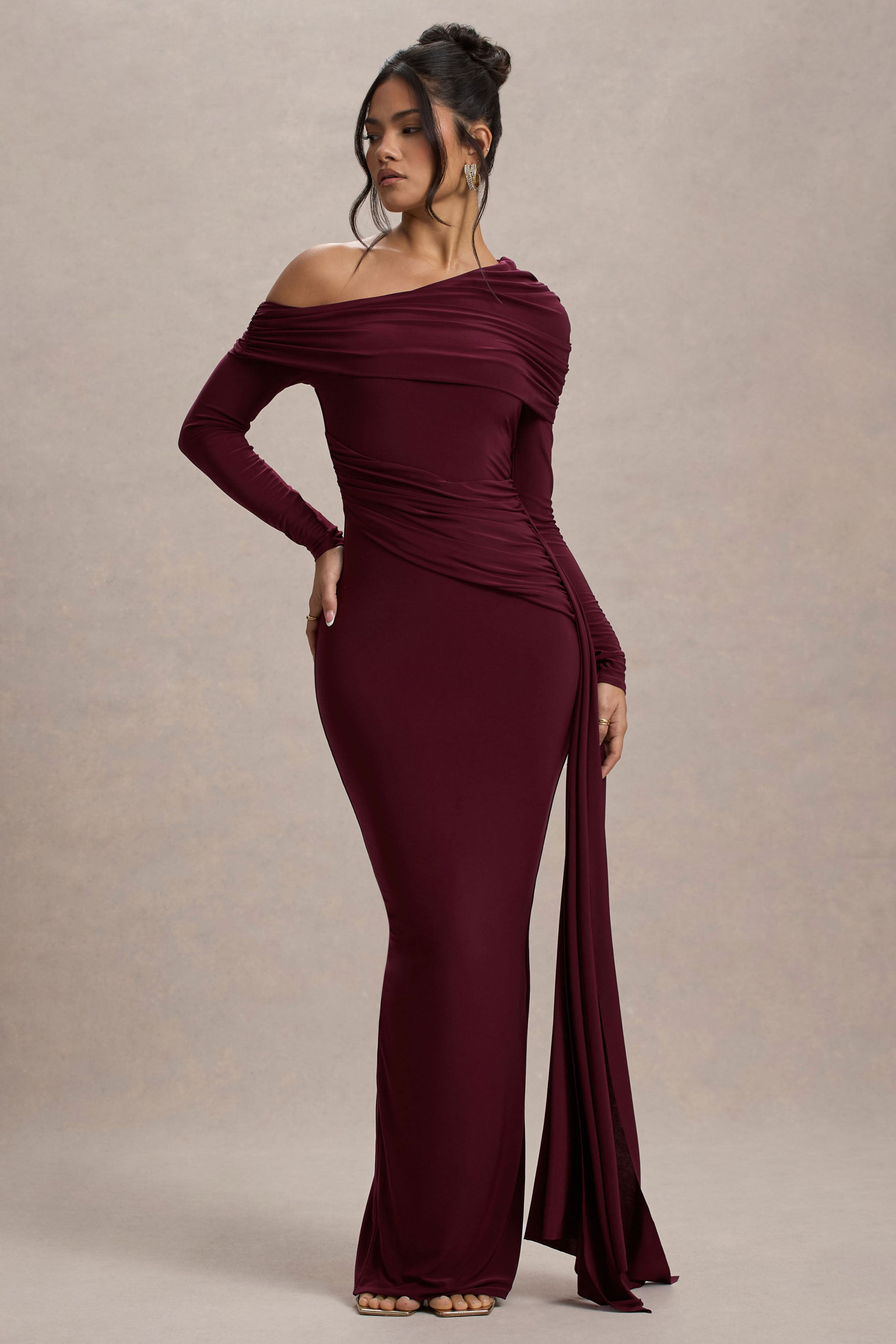 Valina | Burgundy Ruched Asymmetric Maxi Dress With Drape-Sowoom