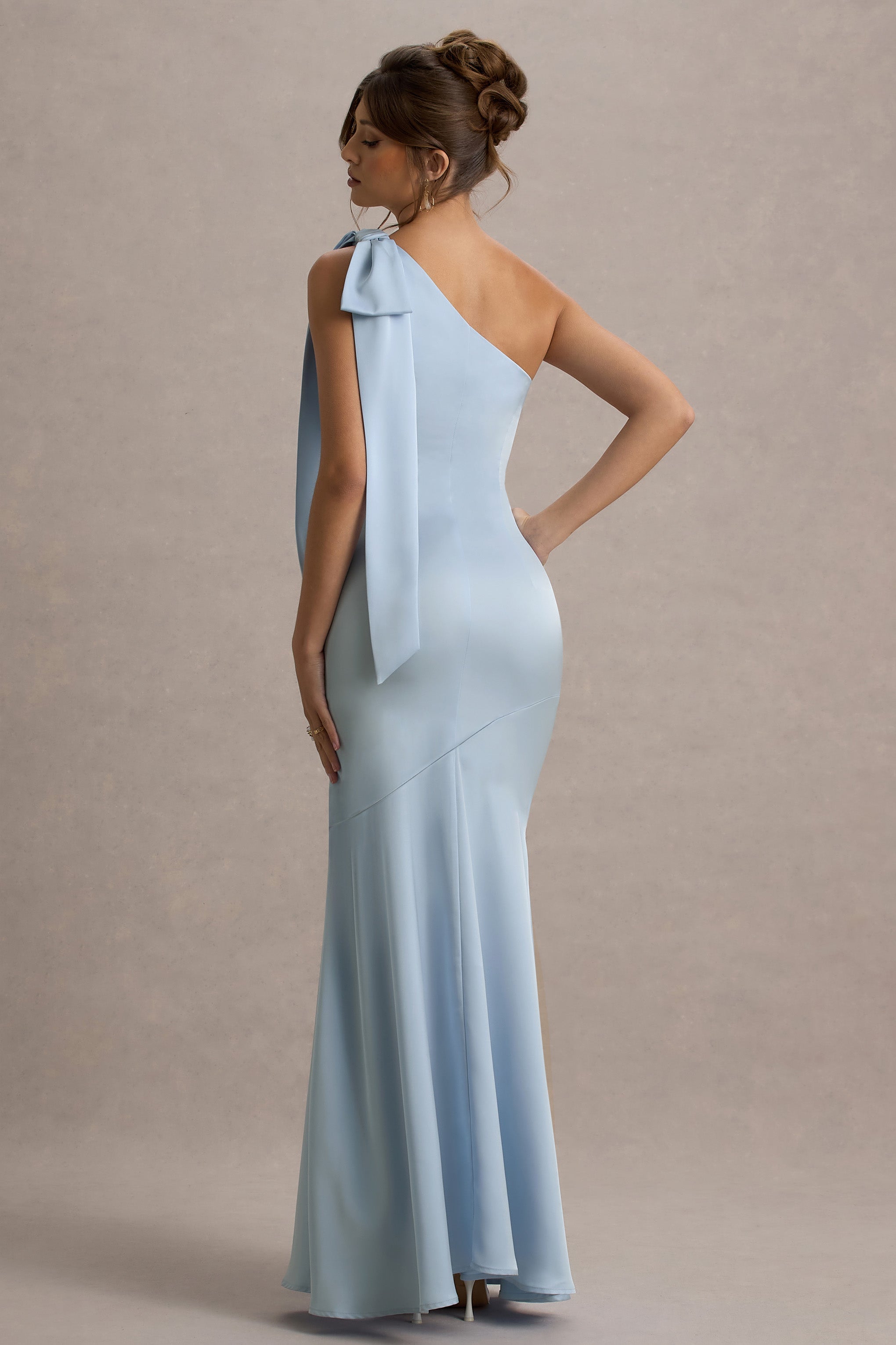 Here For Love | Powder Blue Satin Asymmetric Maxi Dress With Bow-Sowoom