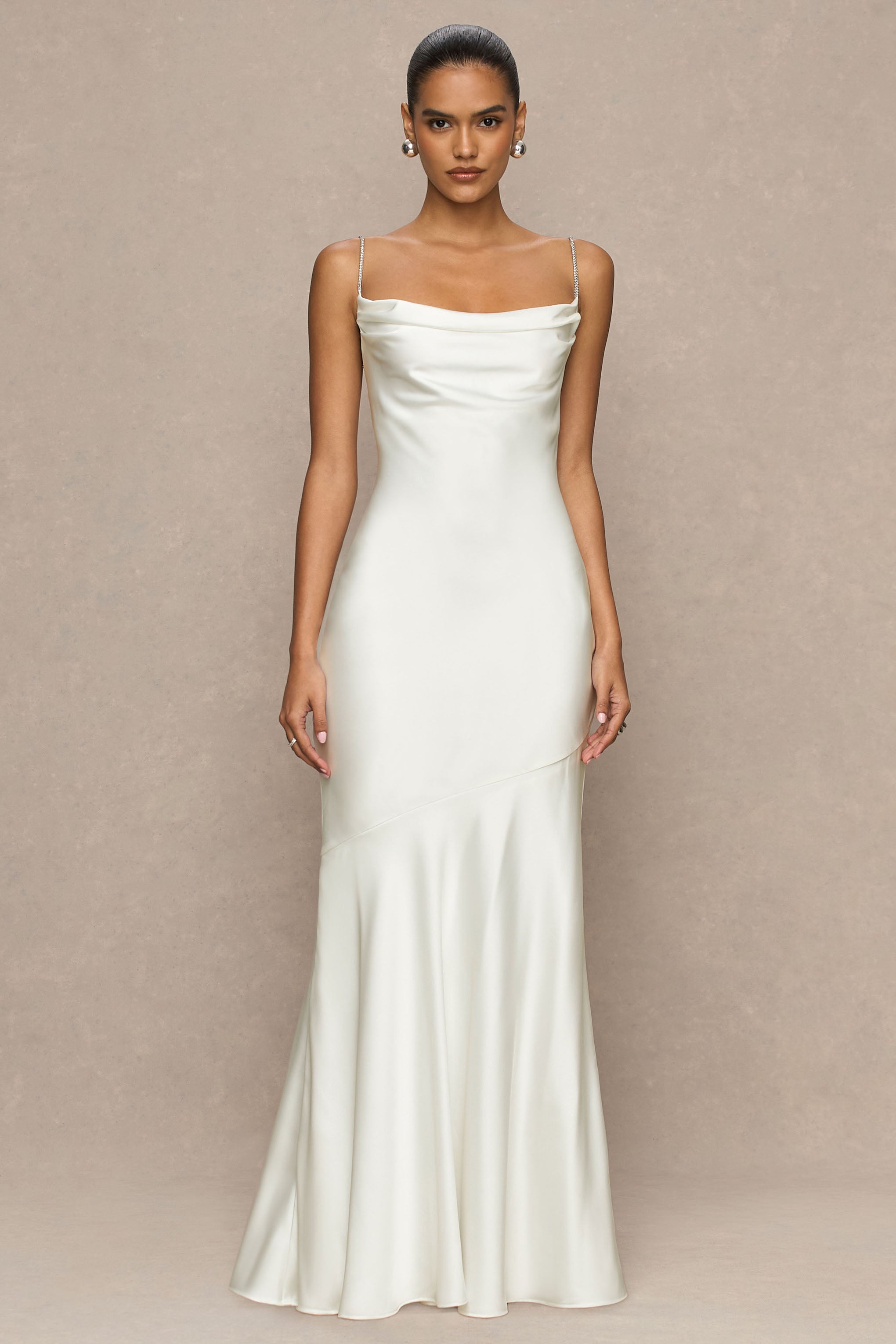 Maelia | Cream Satin Cowl-Neck Maxi Dress With Diamante Straps-Sowoom