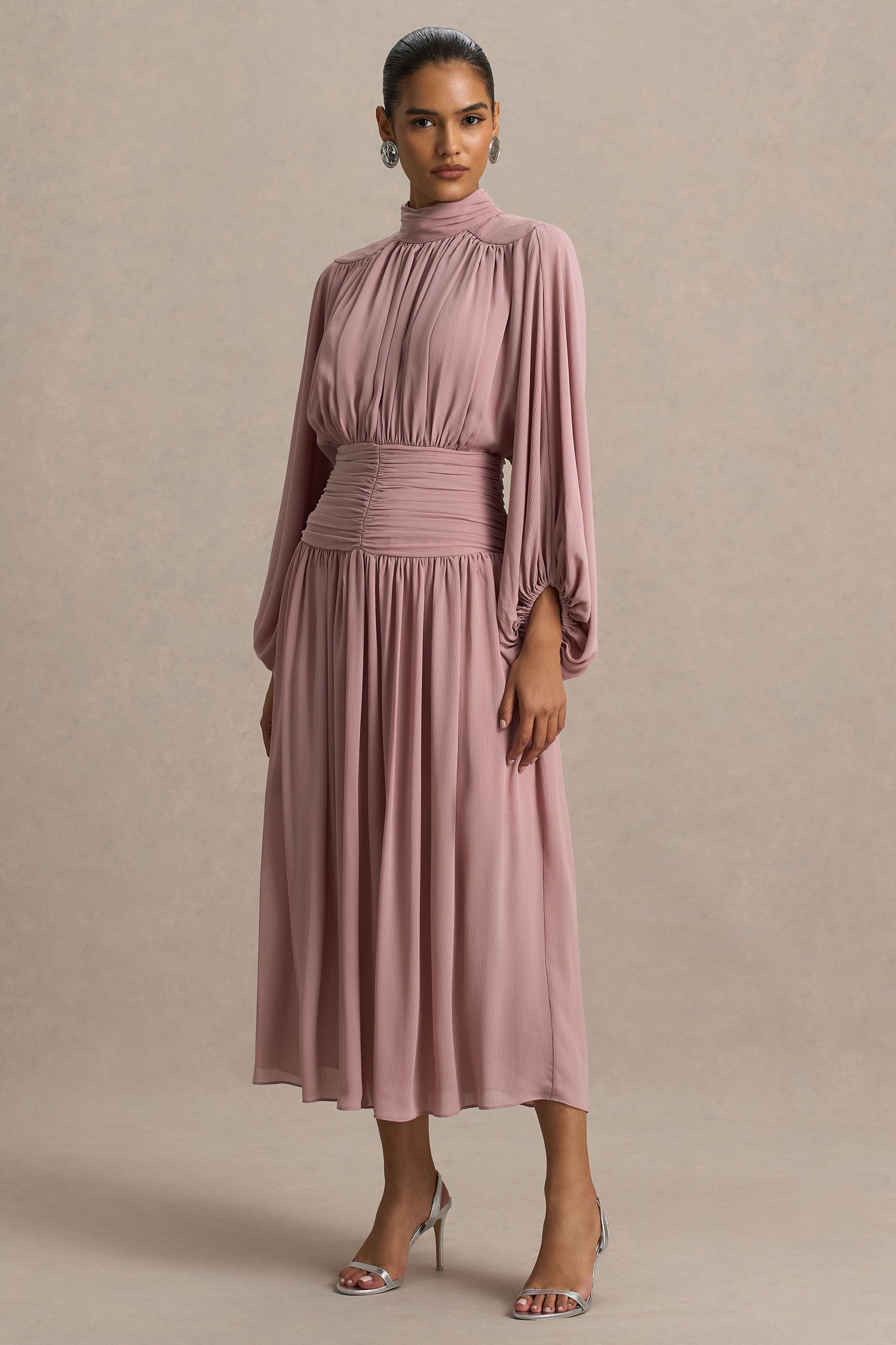 Annabel | Dusty Pink High-Neck Midi Dress With Drop-Waist And Pleated Detailing-Sowoom