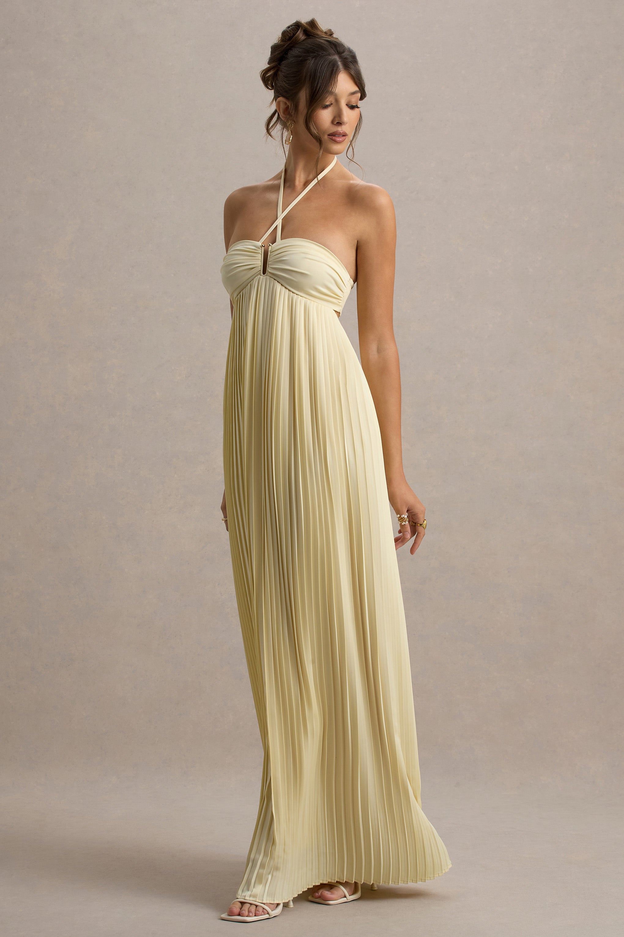 Elayne | Pale Lemon Halter-Neck Maxi Dress With Cut-Out Detail-Sowoom