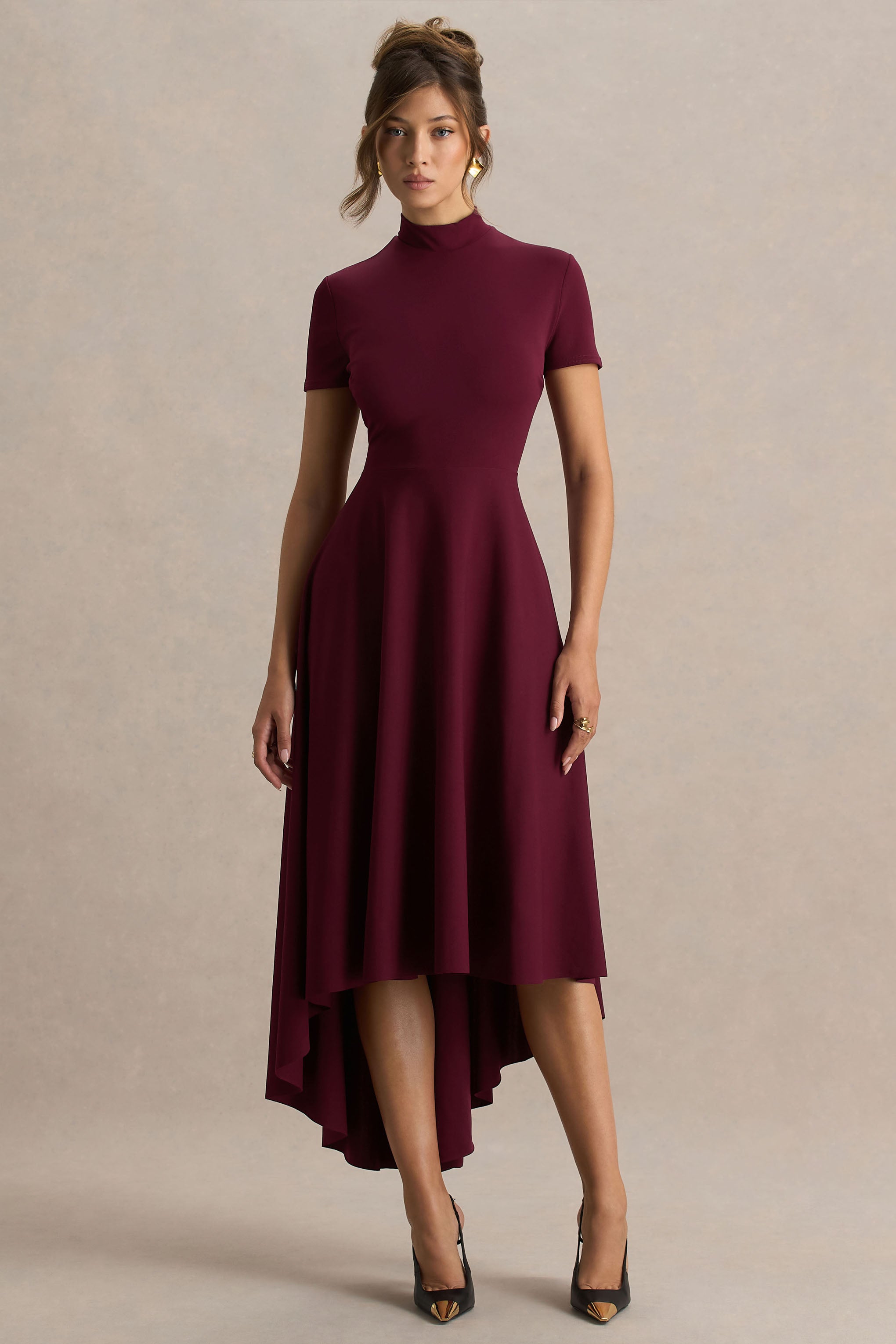 Bellona | Burgundy High-Neck High-Low Midi Dress-Sowoom
