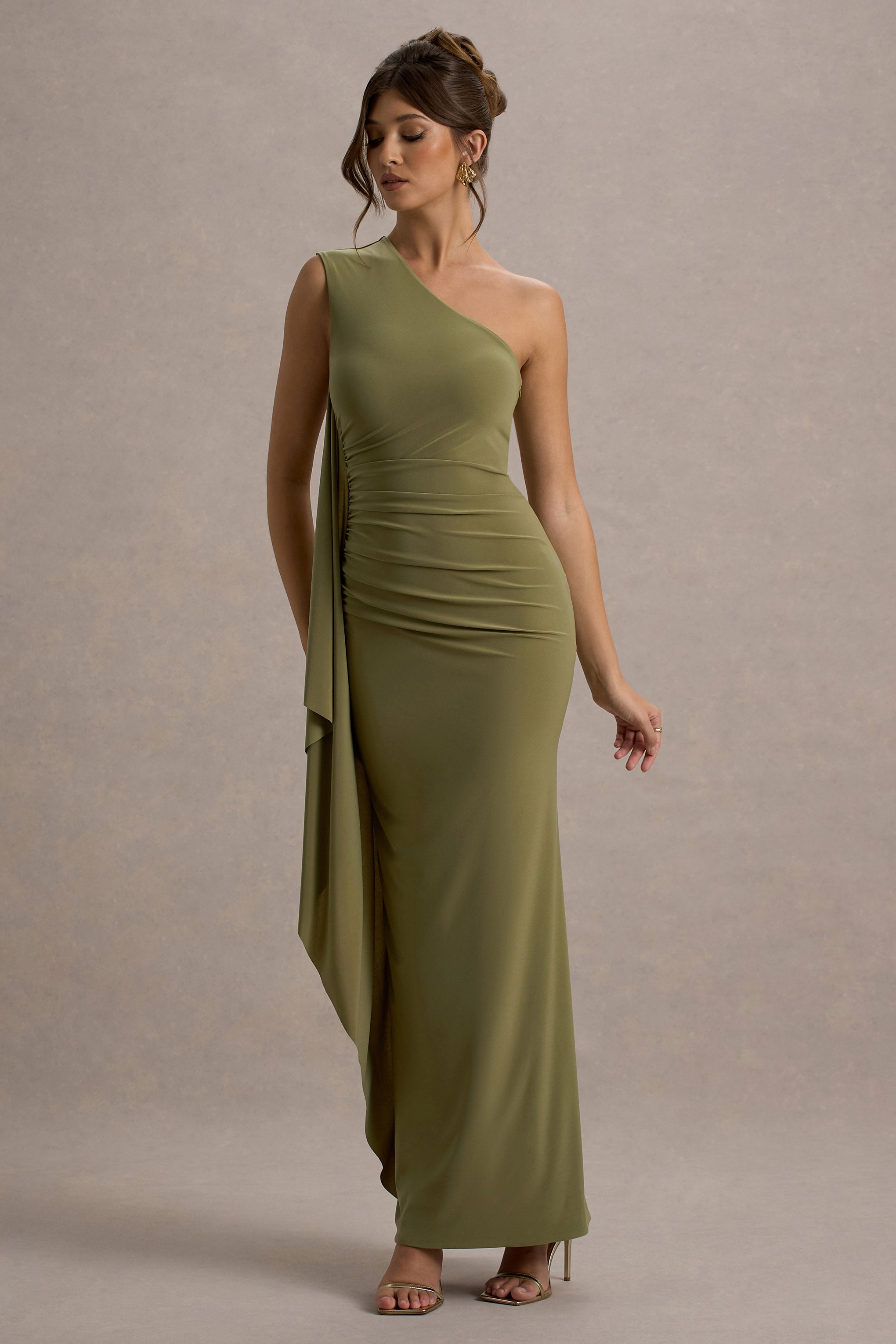 Adelina | Olive One-Shoulder Maxi Dress With Drape-Sowoom