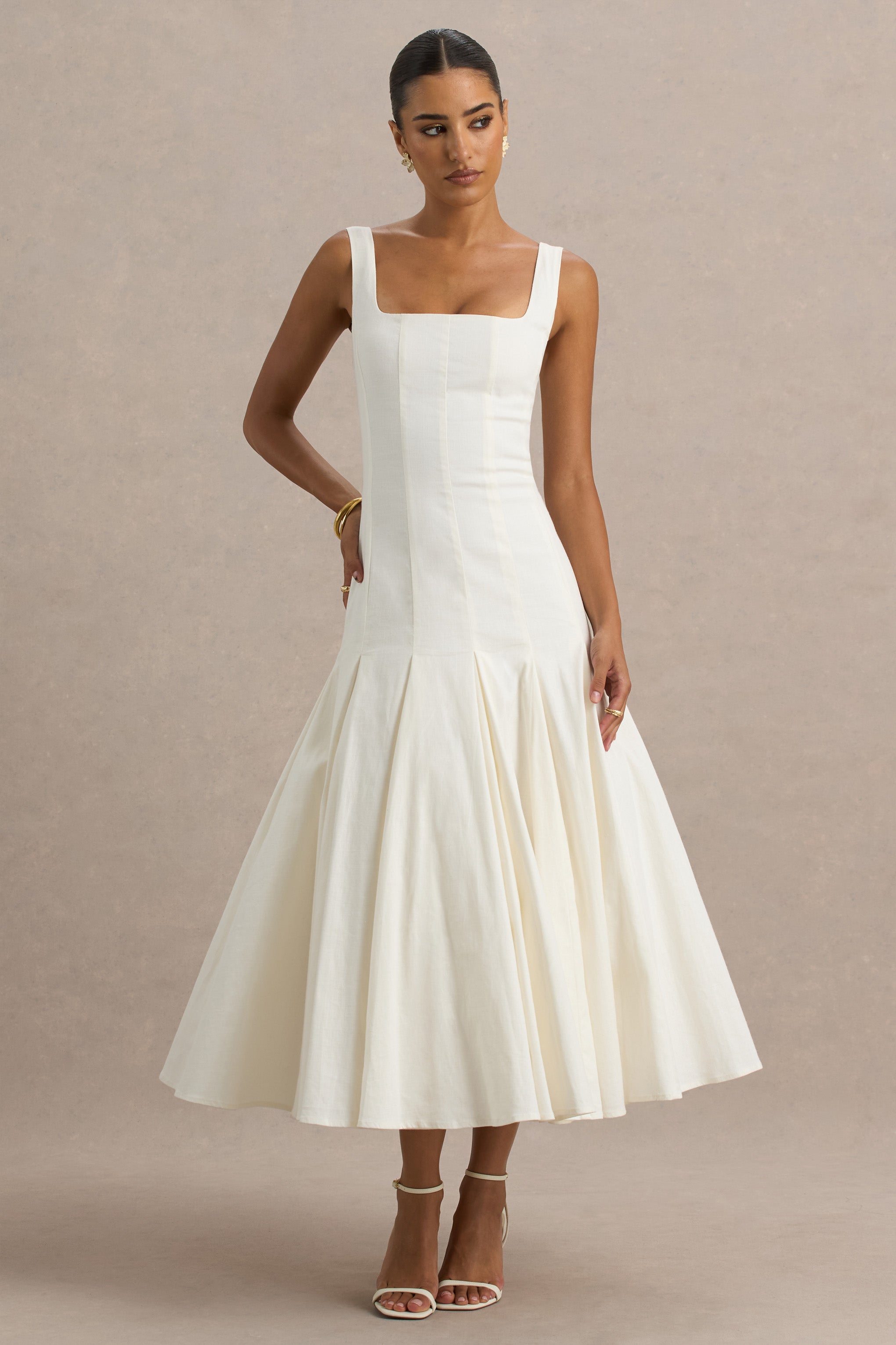 Magnolia | White Scoop-Neck Midi Dress With Drop-Waist And Ruffling Detail-Sowoom