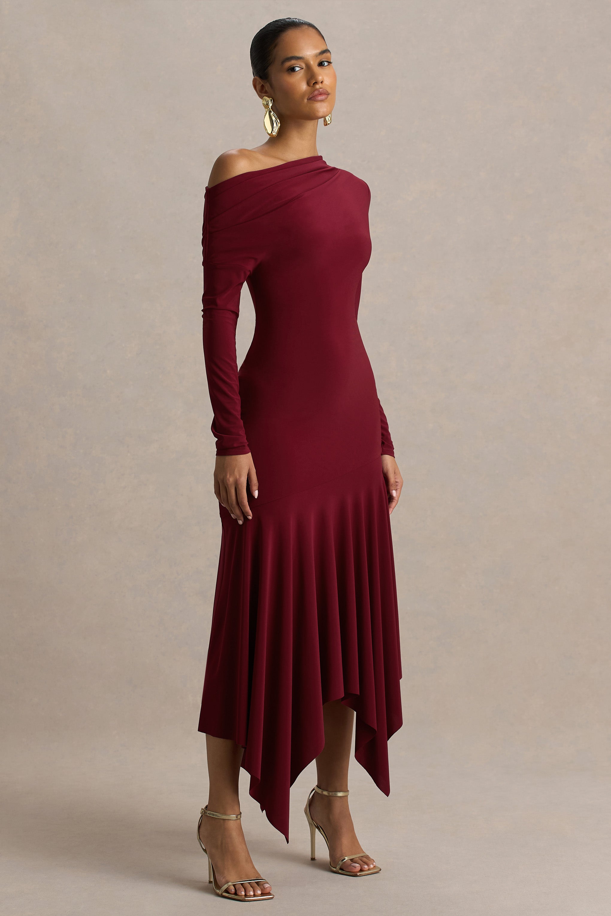 Isola | Burgundy Asymmetric-Neck Midi Dress With Hanky-Hem-Sowoom