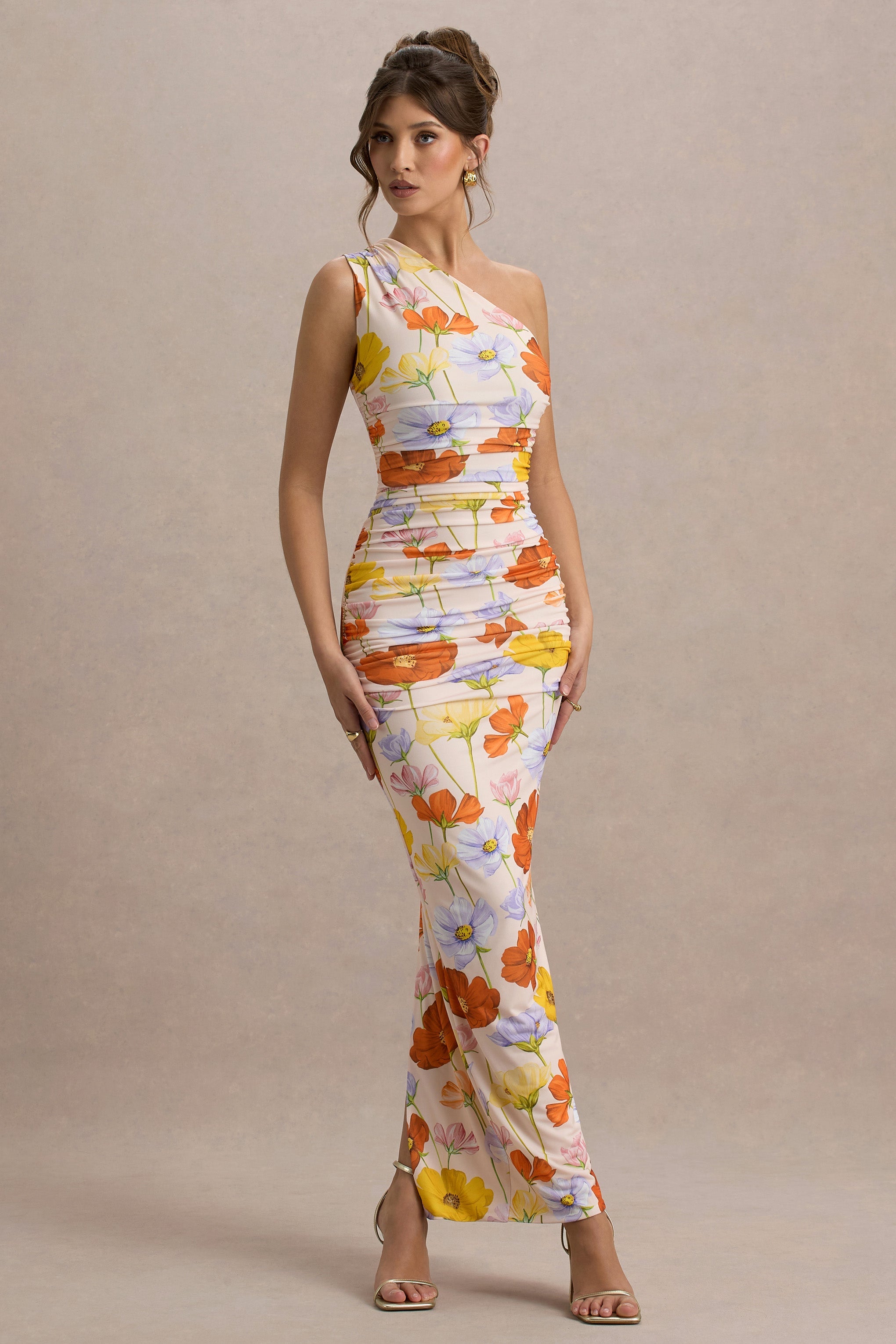 Dalarie | Bright Floral Print One-Shoulder Gathered Maxi Dress-Sowoom